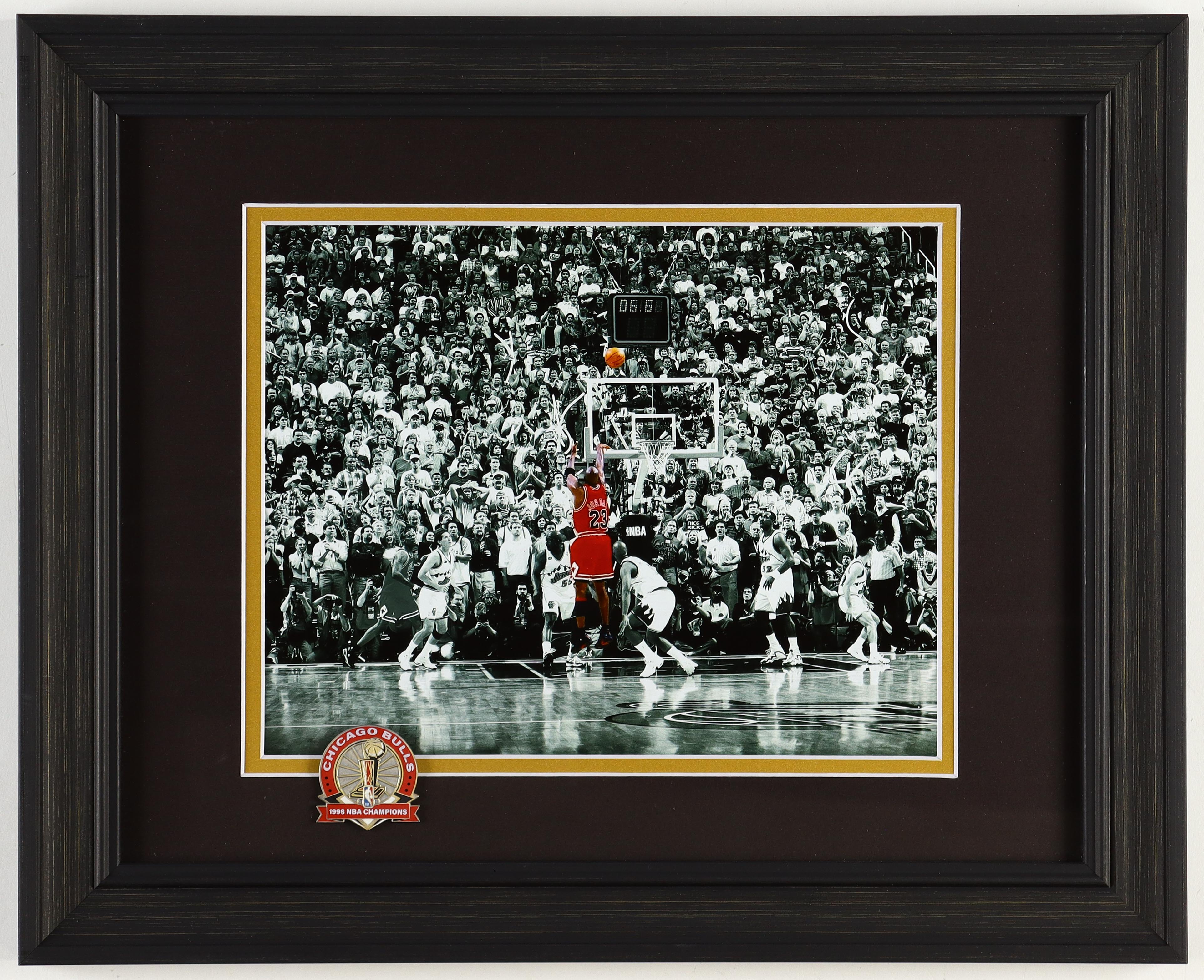 Michael Jordan Custom Framed Bulls "The Final Shot" Photo Display with 1998 NBA Finals Gold Pin at PristineAuction.com Michael Jordan Custom Framed Bulls "The Final Shot" Photo Display with 1998 NBA Finals Gold Pin at PristineAuction.com