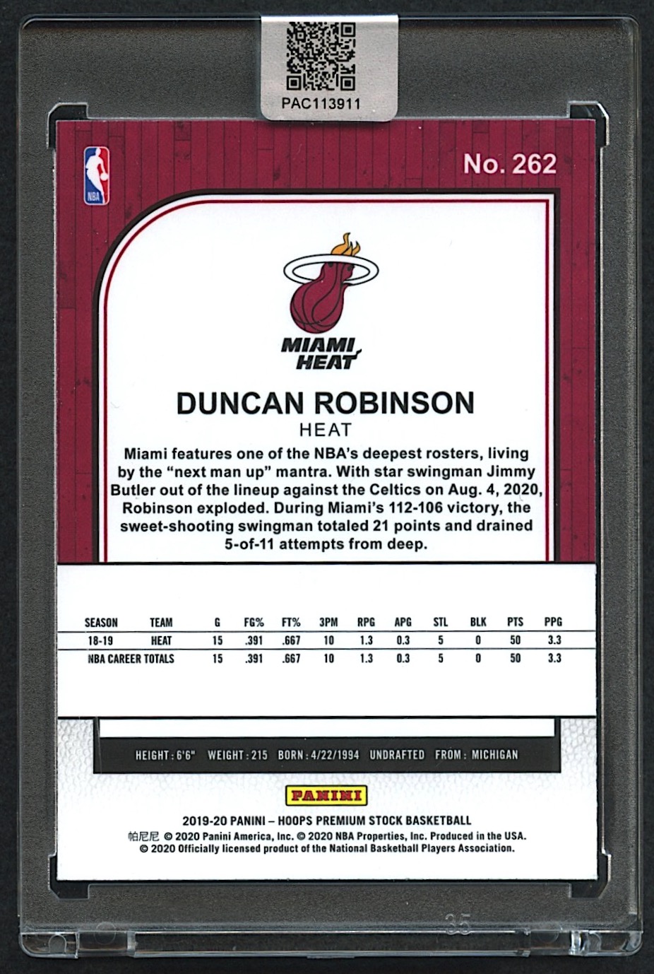 Duncan Robinson Signed 2019-20 Hoops Premium Stock #262 RC (PA Encapsulated) at PristineAuction.com Duncan Robinson Signed 2019-20 Hoops Premium Stock #262 RC (PA Encapsulated) at PristineAuction.com