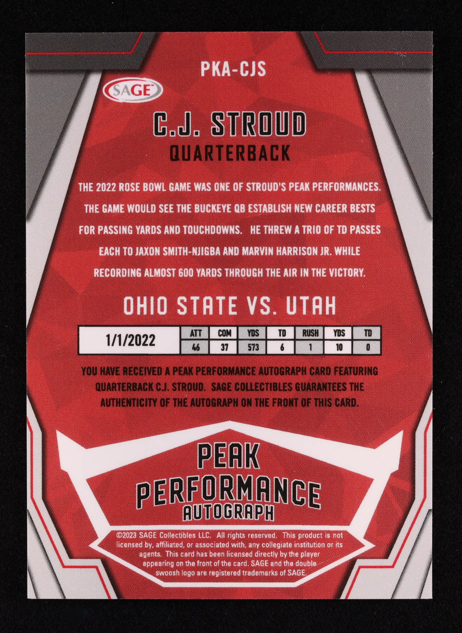 CJ Stroud 2023 SAGE HIT Peak Performance Autographs Red #PKACJS RC at PristineAuction.com CJ Stroud 2023 SAGE HIT Peak Performance Autographs Red #PKACJS RC at PristineAuction.com