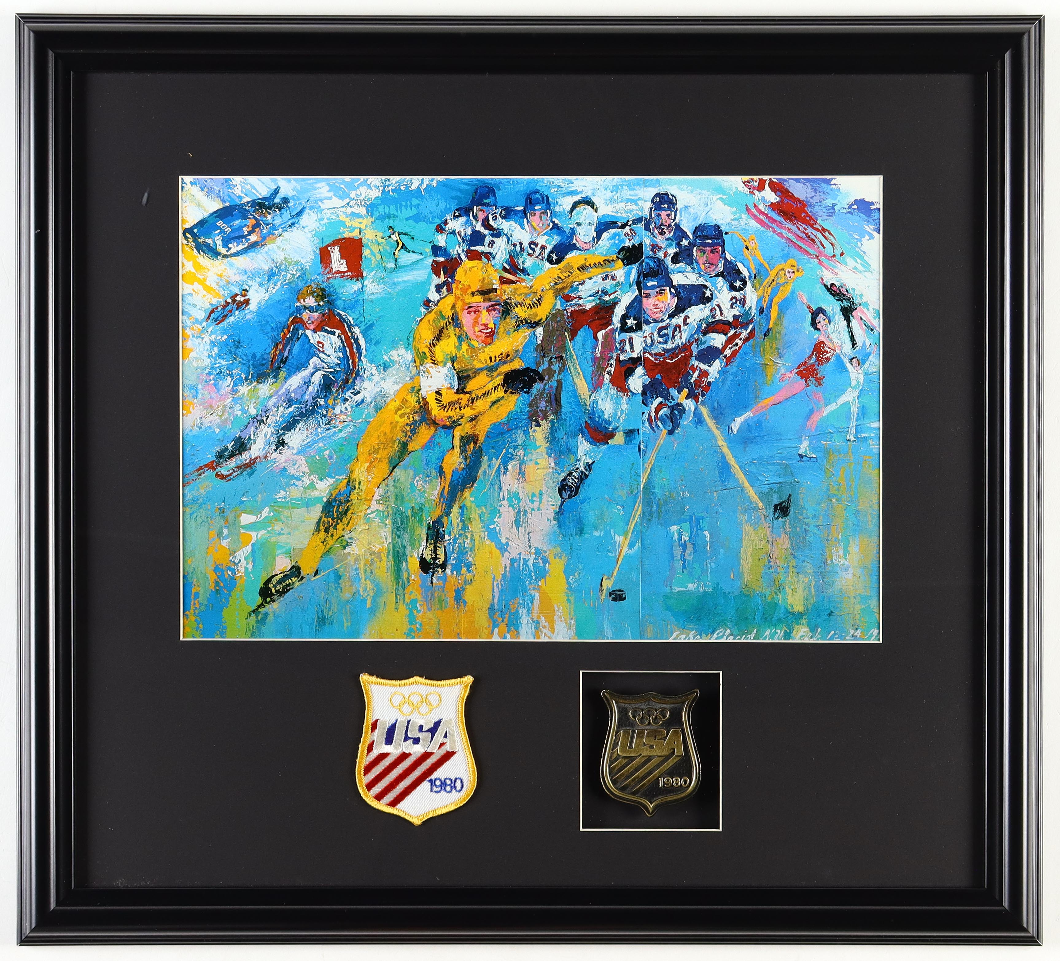 Leroy Nieman "The Miracle on Ice" Custom Framed Photo Display With 1980 Team USA Olympic Metal Emblem & Vintage Lake Placid Cloth Patch at PristineAuction.com Leroy Nieman "The Miracle on Ice" Custom Framed Photo Display With 1980 Team USA Olympic Metal Emblem & Vintage Lake Placid Cloth Patch at PristineAuction.com