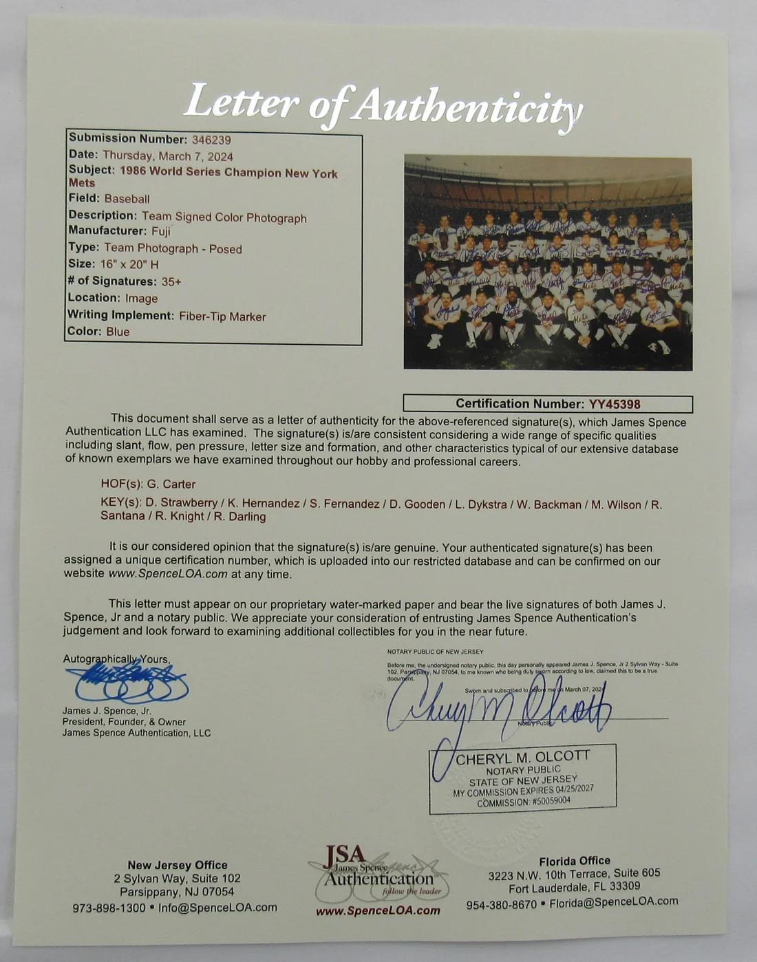 1986 World Series Champion Mets 16x20 Team-Signed By (35+) with Gary Carter, Darryl Strawberry, Keith Hernandez (JSA) at PristineAuction.com 1986 World Series Champion Mets 16x20 Team-Signed By (35+) with Gary Carter, Darryl Strawberry, Keith Hernandez (JSA) at PristineAuction.com