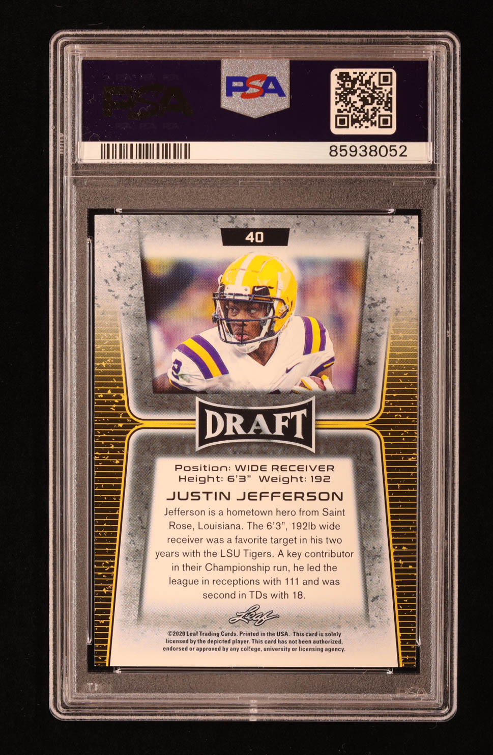 Justin Jefferson 2020 Leaf Draft Gold #40 RC (PSA 10) at PristineAuction.com Justin Jefferson 2020 Leaf Draft Gold #40 RC (PSA 10) at PristineAuction.com