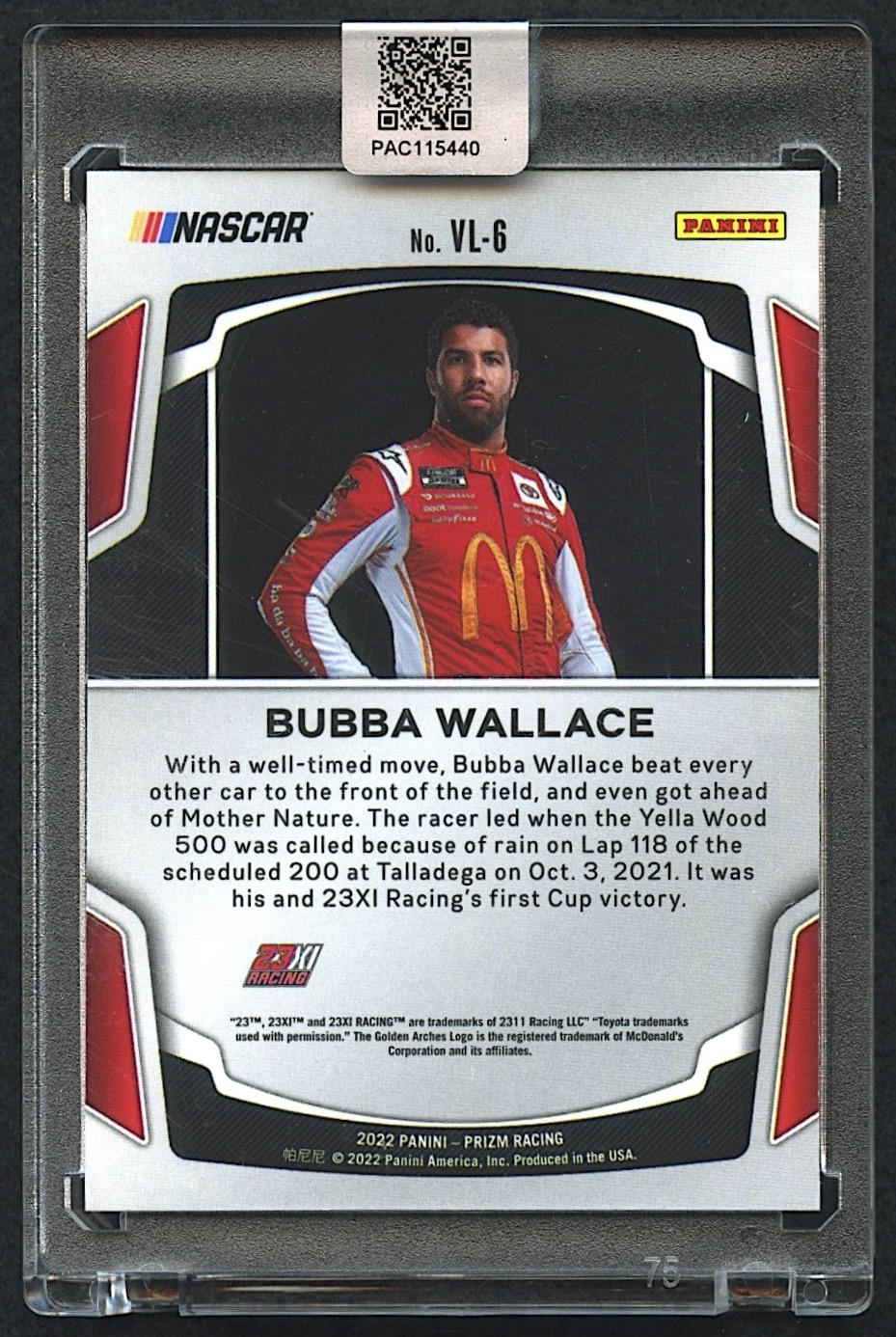 Bubba Wallace Signed 2022 Panini Prizm Victory Lane Bound #6 (PA Encapsulated) at PristineAuction.com Bubba Wallace Signed 2022 Panini Prizm Victory Lane Bound #6 (PA Encapsulated) at PristineAuction.com