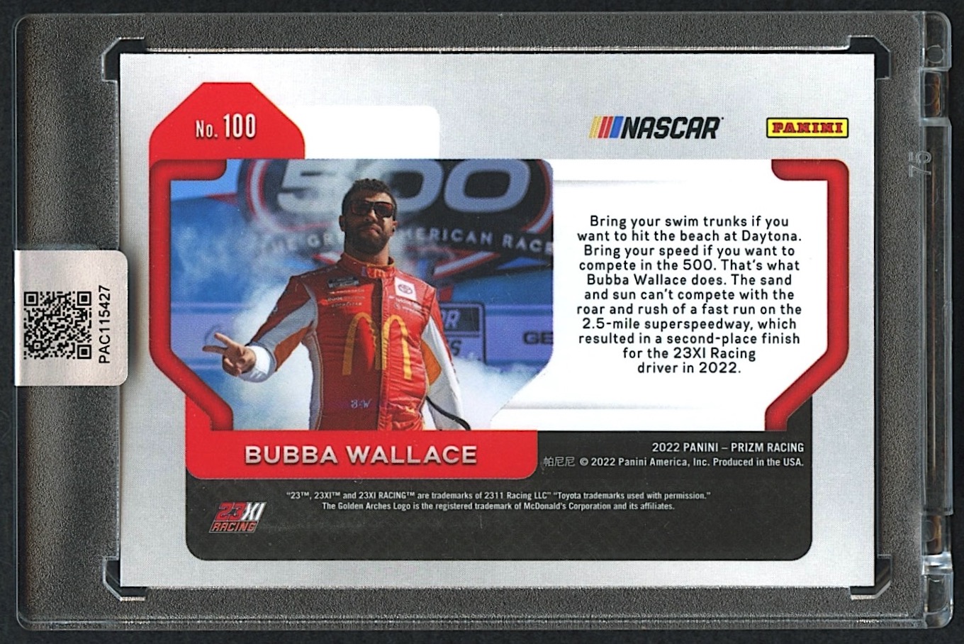 Bubba Wallace Signed 2022 Panini Prizm #100 (PA Encapsulated) at PristineAuction.com Bubba Wallace Signed 2022 Panini Prizm #100 (PA Encapsulated) at PristineAuction.com