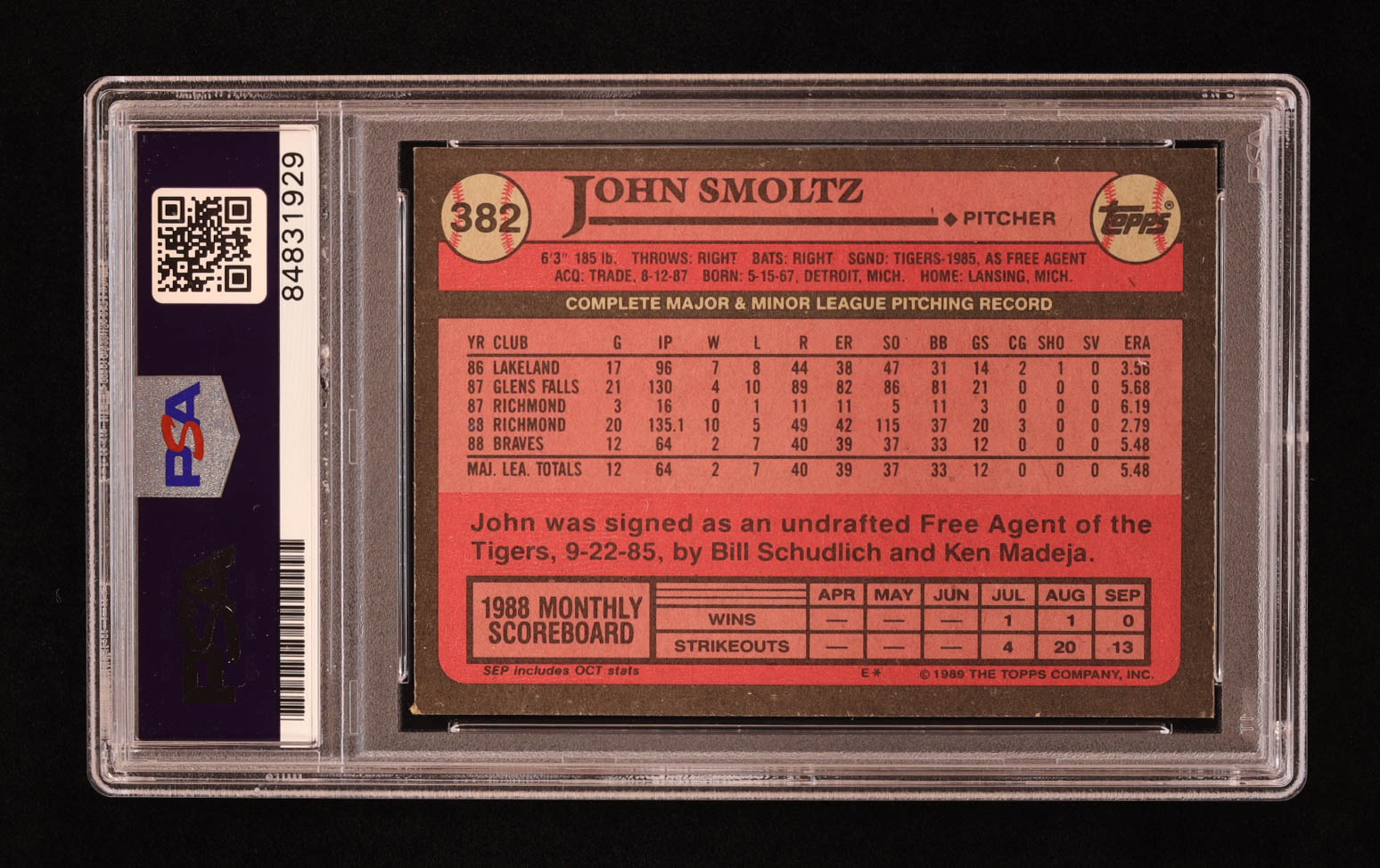 John Smoltz Signed 1989 Topps #382 RC Inscribed "HOF 15" (PSA) at PristineAuction.com John Smoltz Signed 1989 Topps #382 RC Inscribed "HOF 15" (PSA) at PristineAuction.com