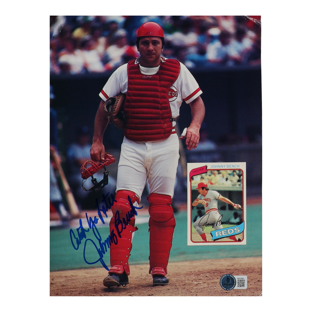 Johnny Bench Catching Style Johnny Bench Signed Reds 8x10 Photo Inscribed