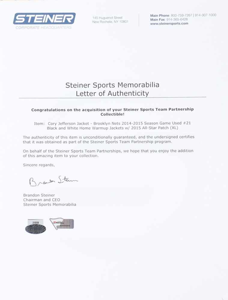 Cory Jefferson Game-Used Nets Warm-Up Jacket (Steiner & Fanatics) at PristineAuction.com Cory Jefferson Game-Used Nets Warm-Up Jacket (Steiner & Fanatics) at PristineAuction.com