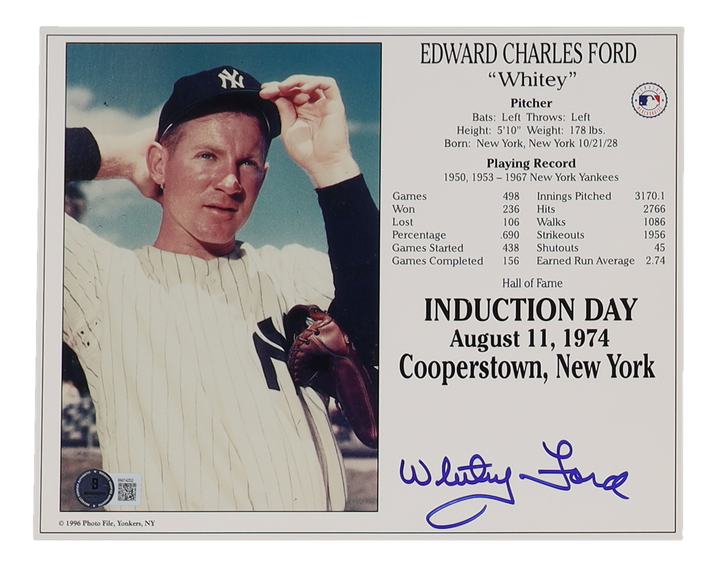 Whitey Ford Signed 8x10 Hall Of Fame Induction Day Photo (Beckett) at PristineAuction.com Whitey Ford Signed 8x10 Hall Of Fame Induction Day Photo (Beckett) at PristineAuction.com