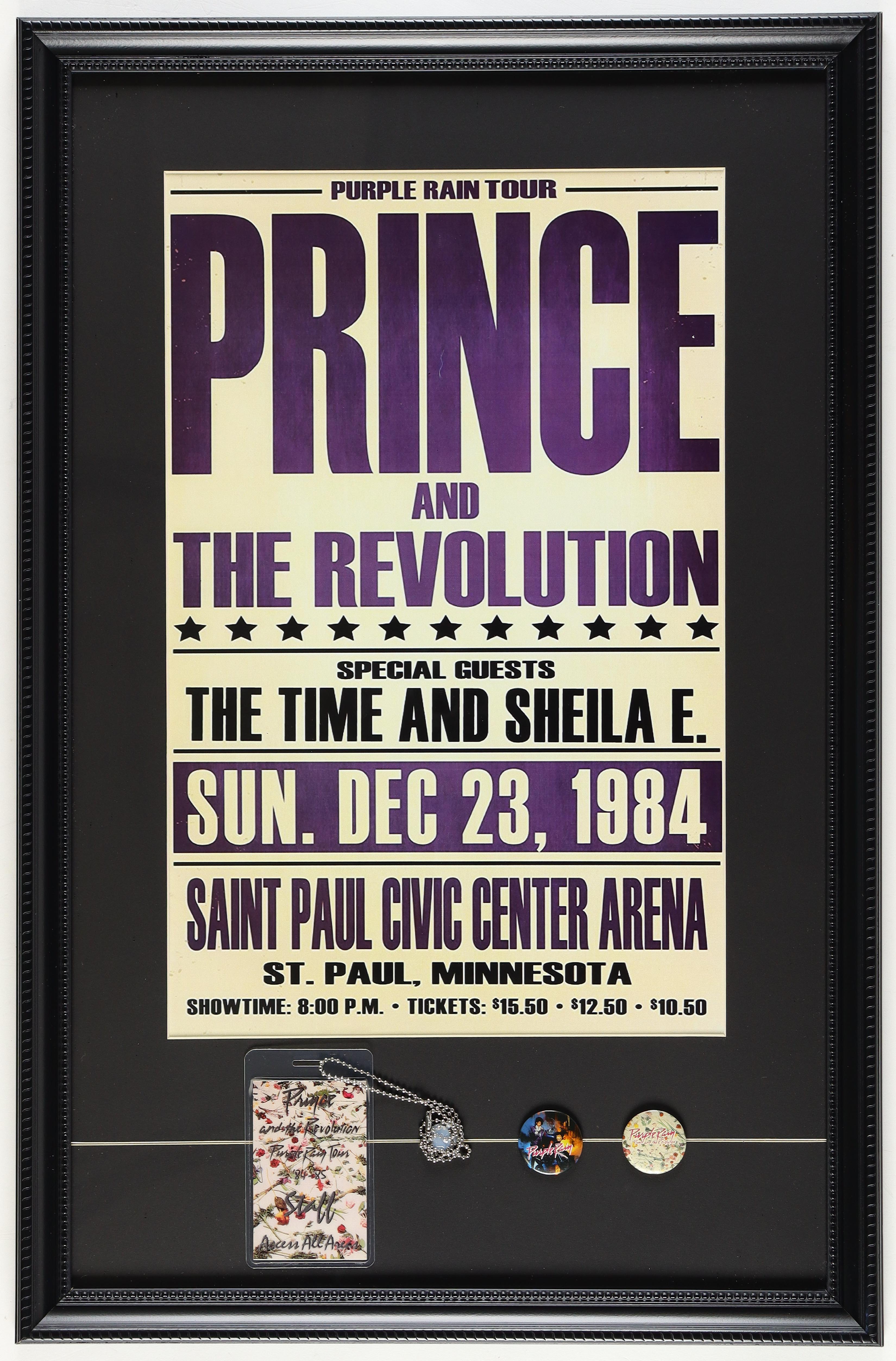 Prince & The Revolution Purple Rain Tour Custom Framed Poster Display with Original Vintage Back Stage Pass & (2) Concert Pins at PristineAuction.com Prince & The Revolution Purple Rain Tour Custom Framed Poster Display with Original Vintage Back Stage Pass & (2) Concert Pins at PristineAuction.com