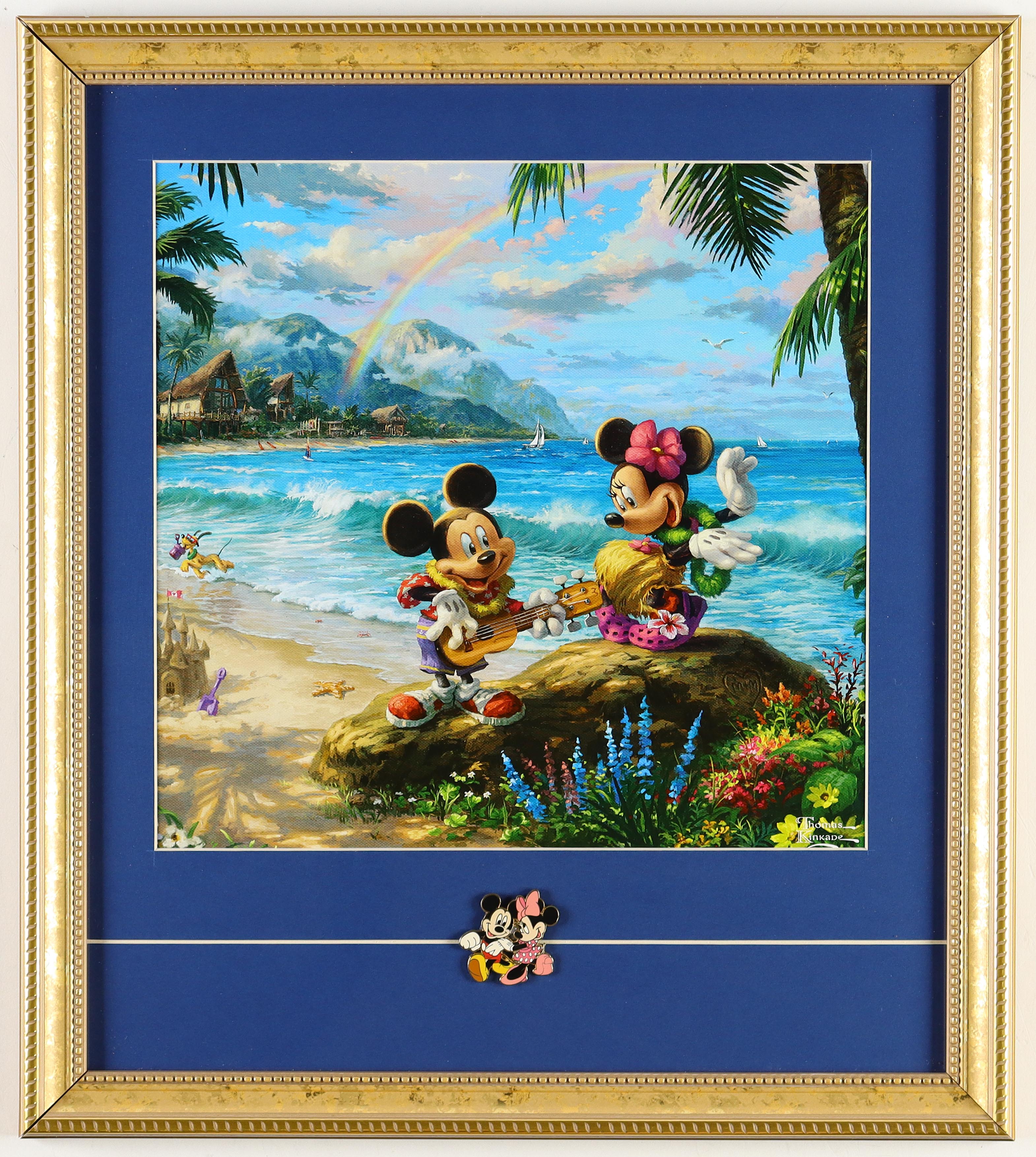 Thomas Kinkade "Mickey and Minnie in Hawaii" Custom Framed Print Display with Dual Mickey & Minnie Mouse Disney Pin at PristineAuction.com Thomas Kinkade "Mickey and Minnie in Hawaii" Custom Framed Print Display with Dual Mickey & Minnie Mouse Disney Pin at PristineAuction.com