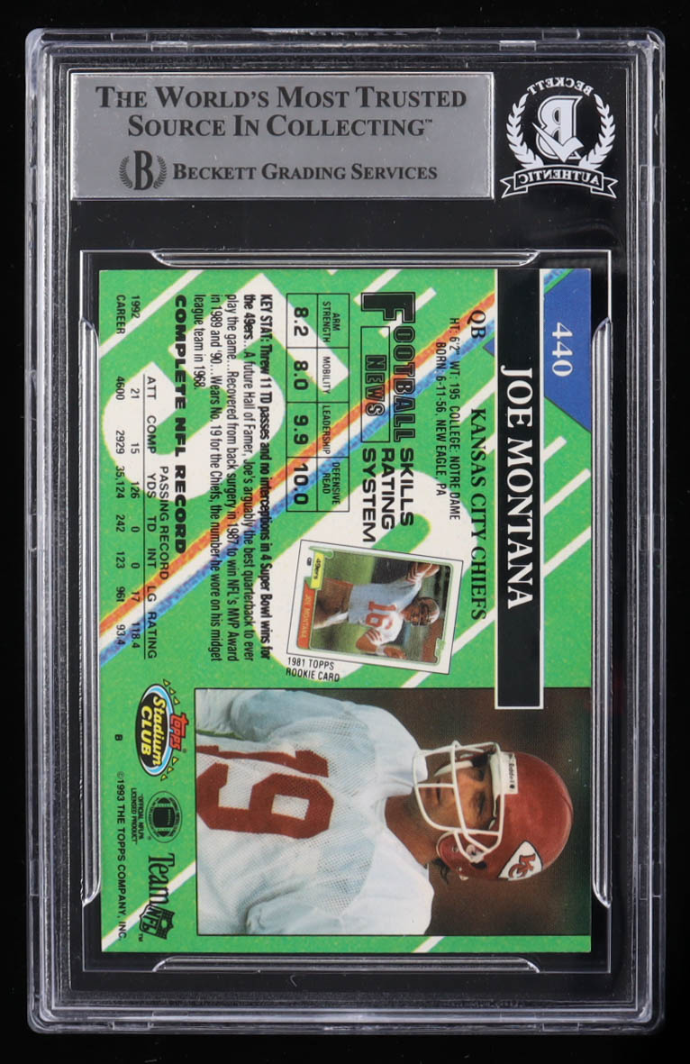 Joe Montana Signed 1993 Stadium Club #440 (BGS) at PristineAuction.com Joe Montana Signed 1993 Stadium Club #440 (BGS) at PristineAuction.com