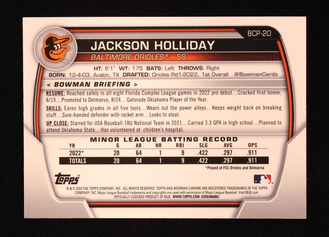 Jackson Holliday 2023 Bowman Chrome Mega Box Prospects #BCP20 RC at PristineAuction.com Jackson Holliday 2023 Bowman Chrome Mega Box Prospects #BCP20 RC at PristineAuction.com