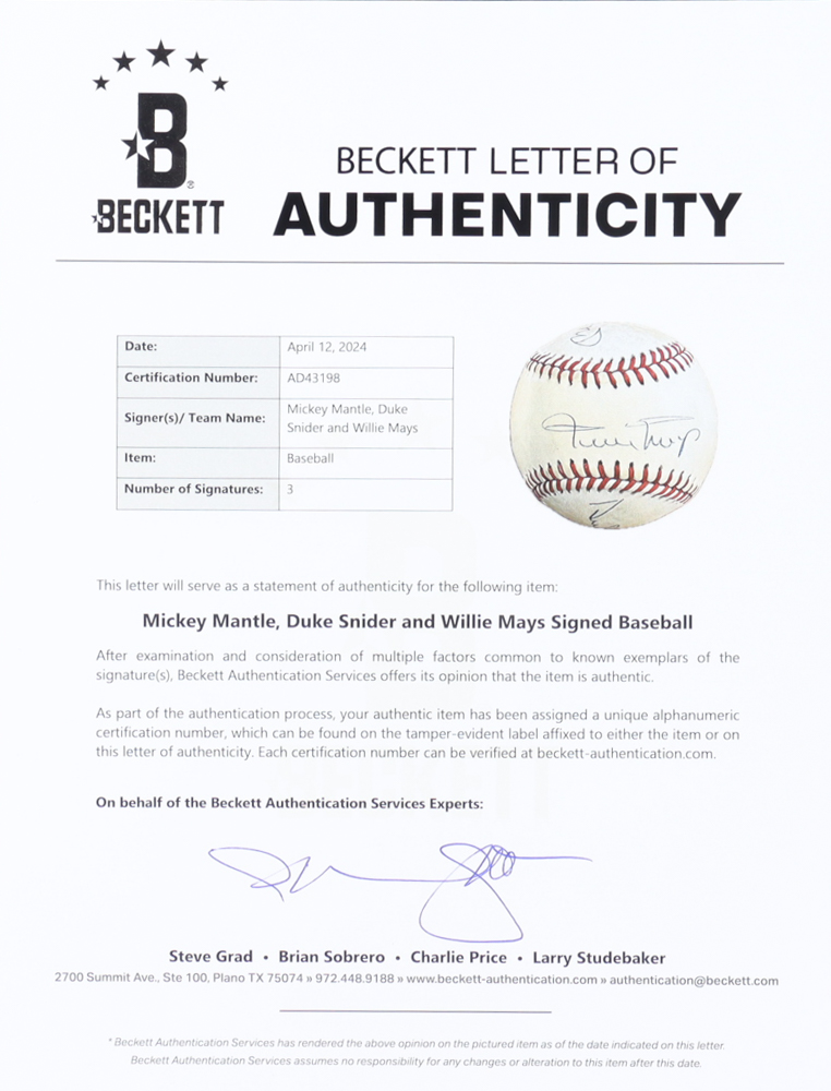 Mickey Mantle, Duke Snider & Willie Mays Signed ONL Baseball (Beckett) at PristineAuction.com Mickey Mantle, Duke Snider & Willie Mays Signed ONL Baseball (Beckett) at PristineAuction.com
