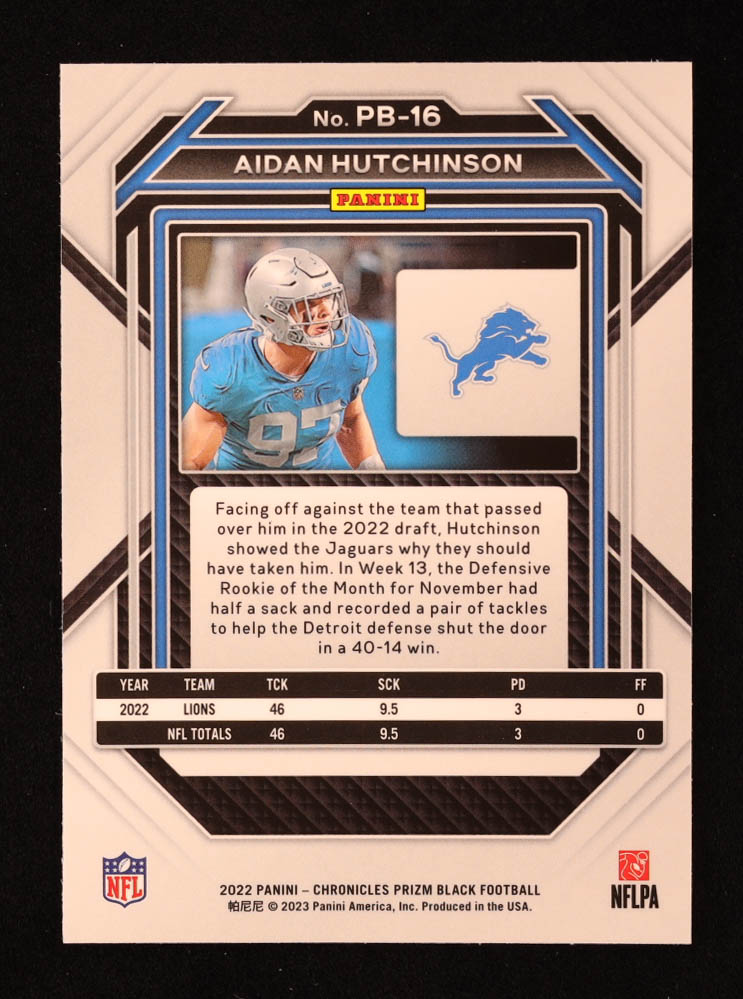 Aidan Hutchinson 2022 Panini Chronicles Prizm Black #16 RC at PristineAuction.com Aidan Hutchinson 2022 Panini Chronicles Prizm Black #16 RC at PristineAuction.com