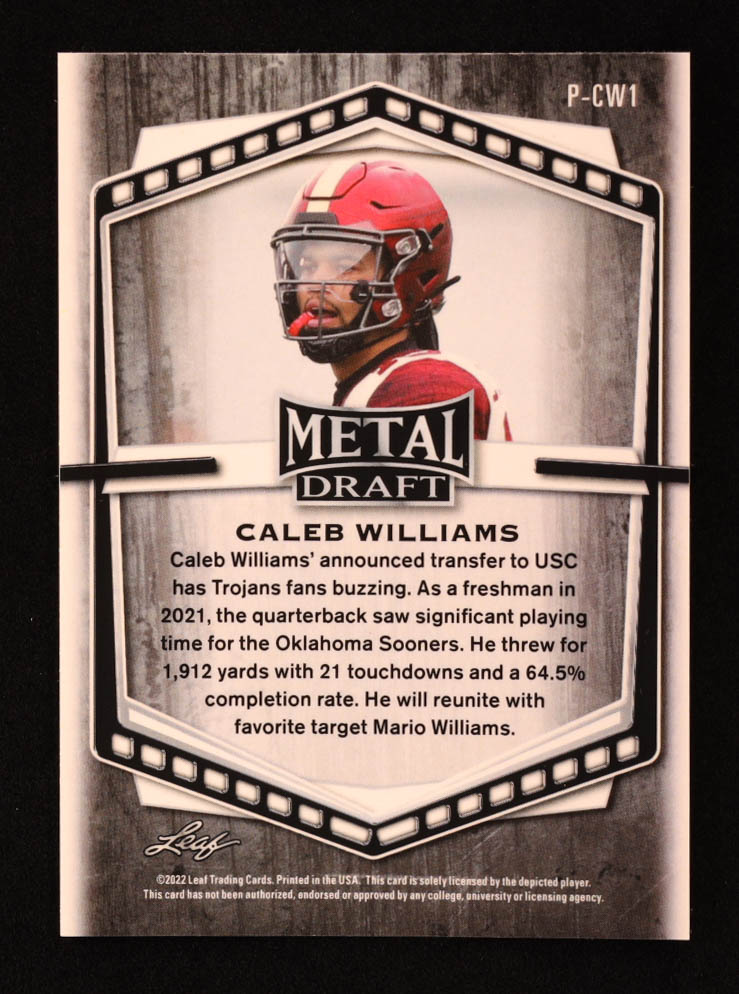 Caleb Williams 2022 Leaf Draft and Prospects Metal Portrait Mojo Purple #PCW1 RC at PristineAuction.com Caleb Williams 2022 Leaf Draft and Prospects Metal Portrait Mojo Purple #PCW1 RC at PristineAuction.com
