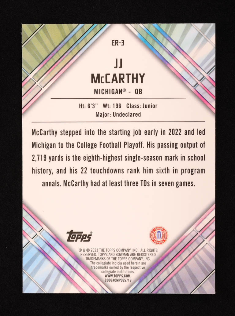 JJ McCarthy 2023 Bowman Chrome University Unexpected Delights Early Risers #ER3 RC at PristineAuction.com JJ McCarthy 2023 Bowman Chrome University Unexpected Delights Early Risers #ER3 RC at PristineAuction.com