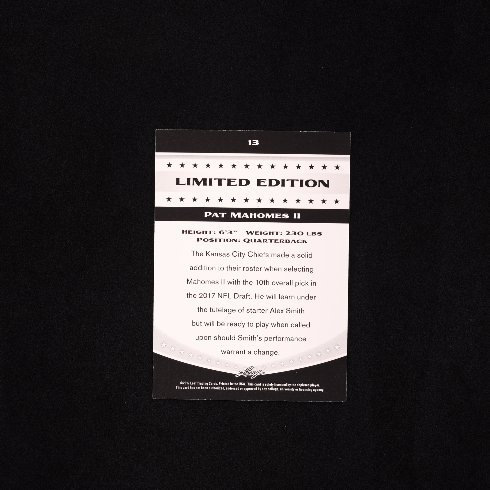 Pat Mahomes II 2017 Leaf Special Release Limited Edition #13 RC at PristineAuction.com Pat Mahomes II 2017 Leaf Special Release Limited Edition #13 RC at PristineAuction.com