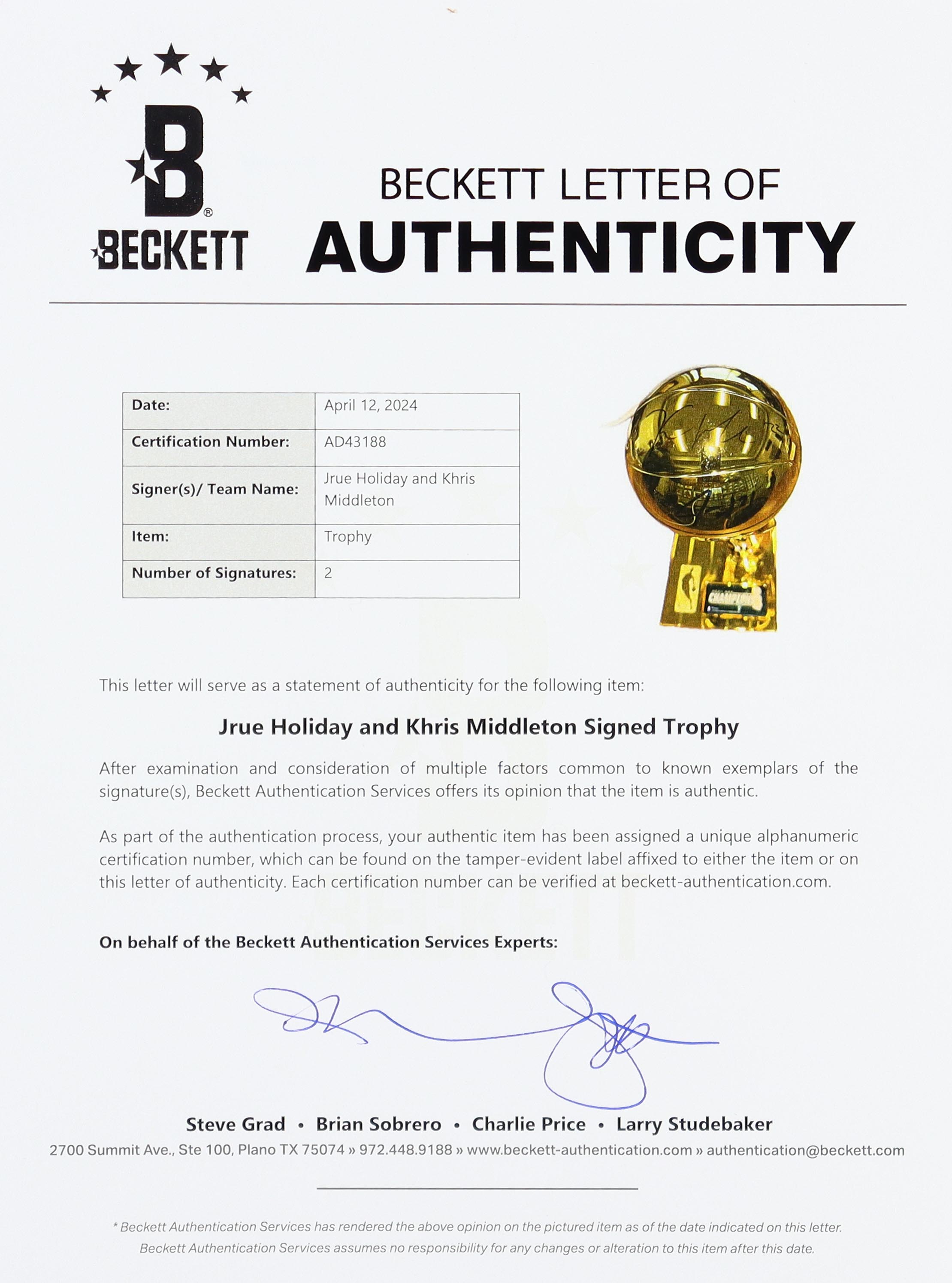 Jrue Holiday & Khris Middleston Signed Bucks Replica NBA Championship Trophy (Beckett) at PristineAuction.com Jrue Holiday & Khris Middleston Signed Bucks Replica NBA Championship Trophy (Beckett) at PristineAuction.com