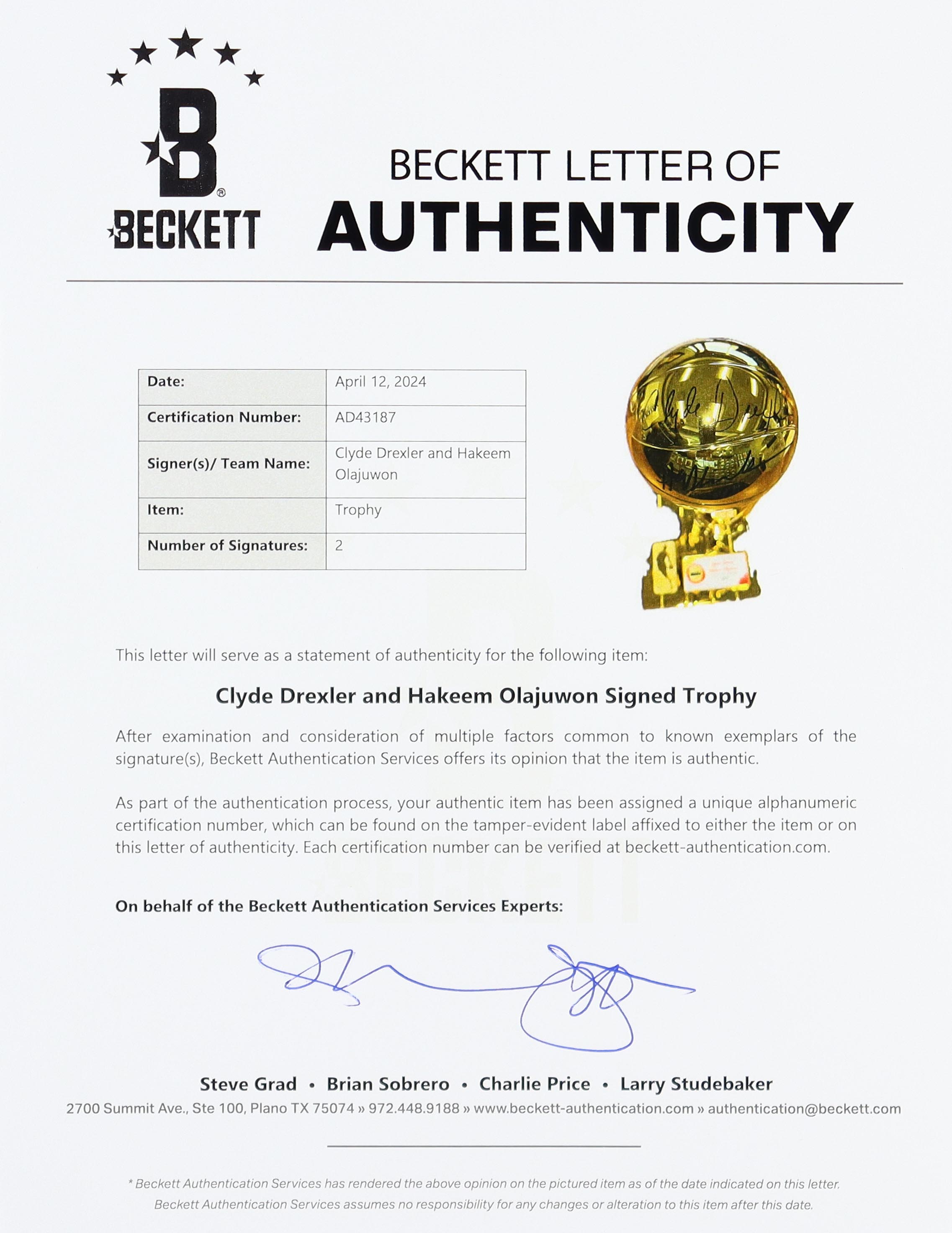 Hakeem Olajuwon & Clyde Drexler Signed Rockets 1995 NBA Champions Replica Trophy (Beckett) at PristineAuction.com Hakeem Olajuwon & Clyde Drexler Signed Rockets 1995 NBA Champions Replica Trophy (Beckett) at PristineAuction.com