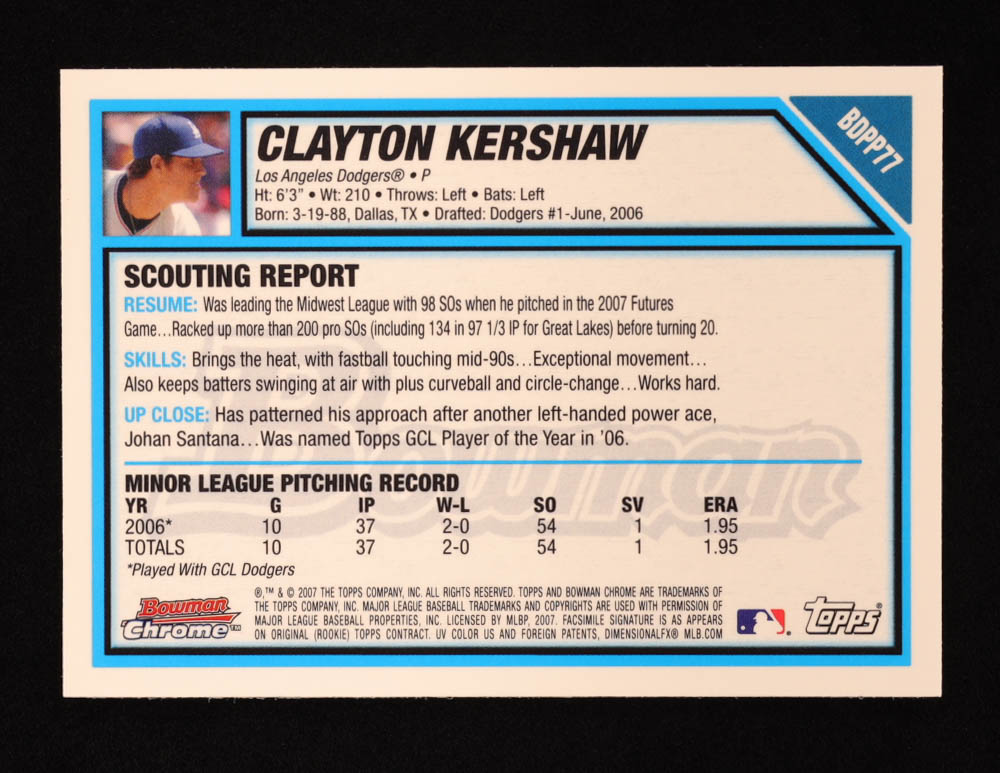 Clayton Kershaw 2007 Bowman Draft Future's Game Prospects #BDPP77 RC at PristineAuction.com Clayton Kershaw 2007 Bowman Draft Future's Game Prospects #BDPP77 RC at PristineAuction.com