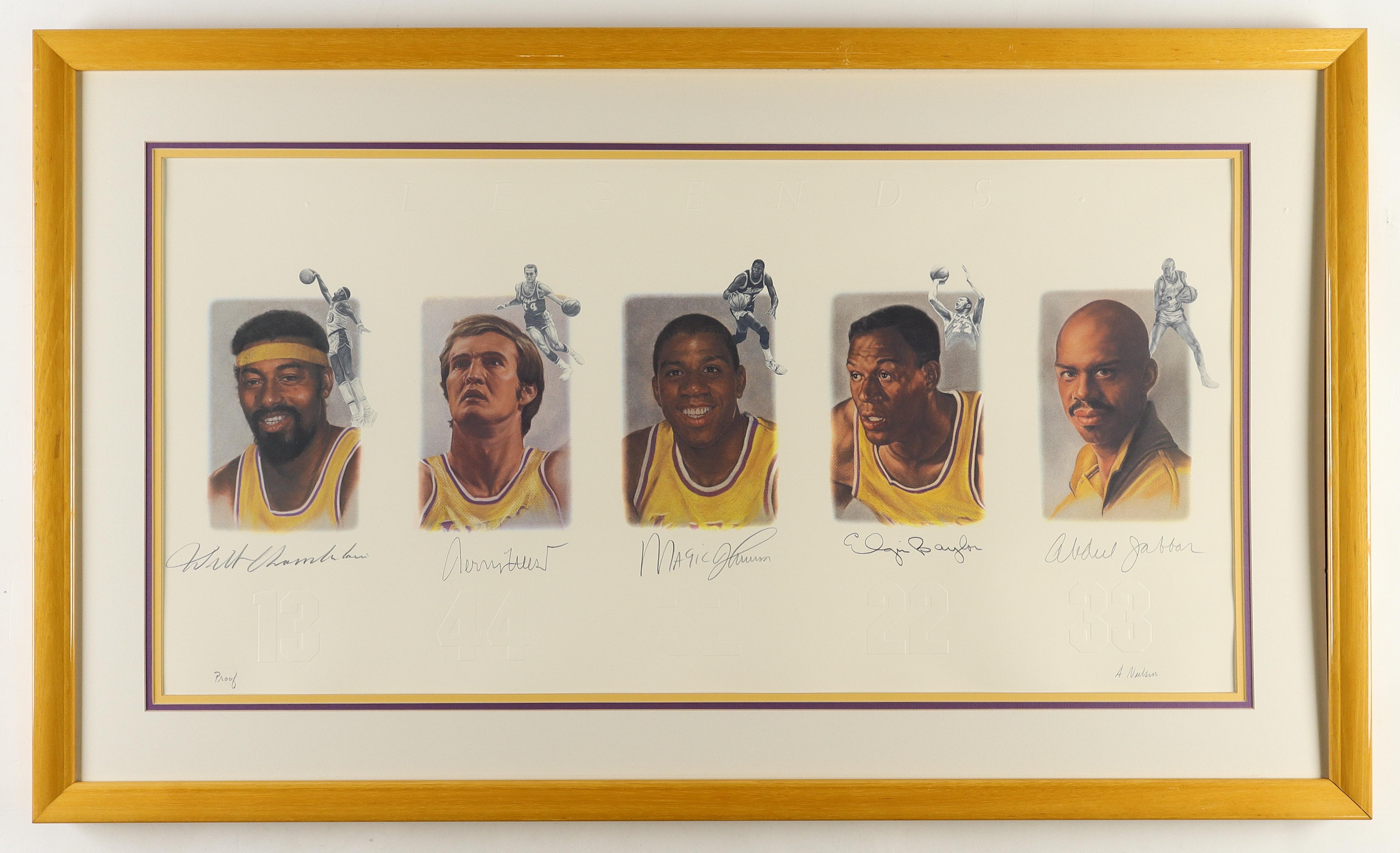 Lakers Legends Custom Framed Lithograph Signed By (5) with Wilt Chamberlain, Kareem Abdul-Jabbar, Magic Johnson, Jerry West & Elgin Baylor | Artist Proof (Beckett) at PristineAuction.com Lakers Legends Custom Framed Lithograph Signed By (5) with Wilt Chamberlain, Kareem Abdul-Jabbar, Magic Johnson, Jerry West & Elgin Baylor | Artist Proof (Beckett) at PristineAuction.com