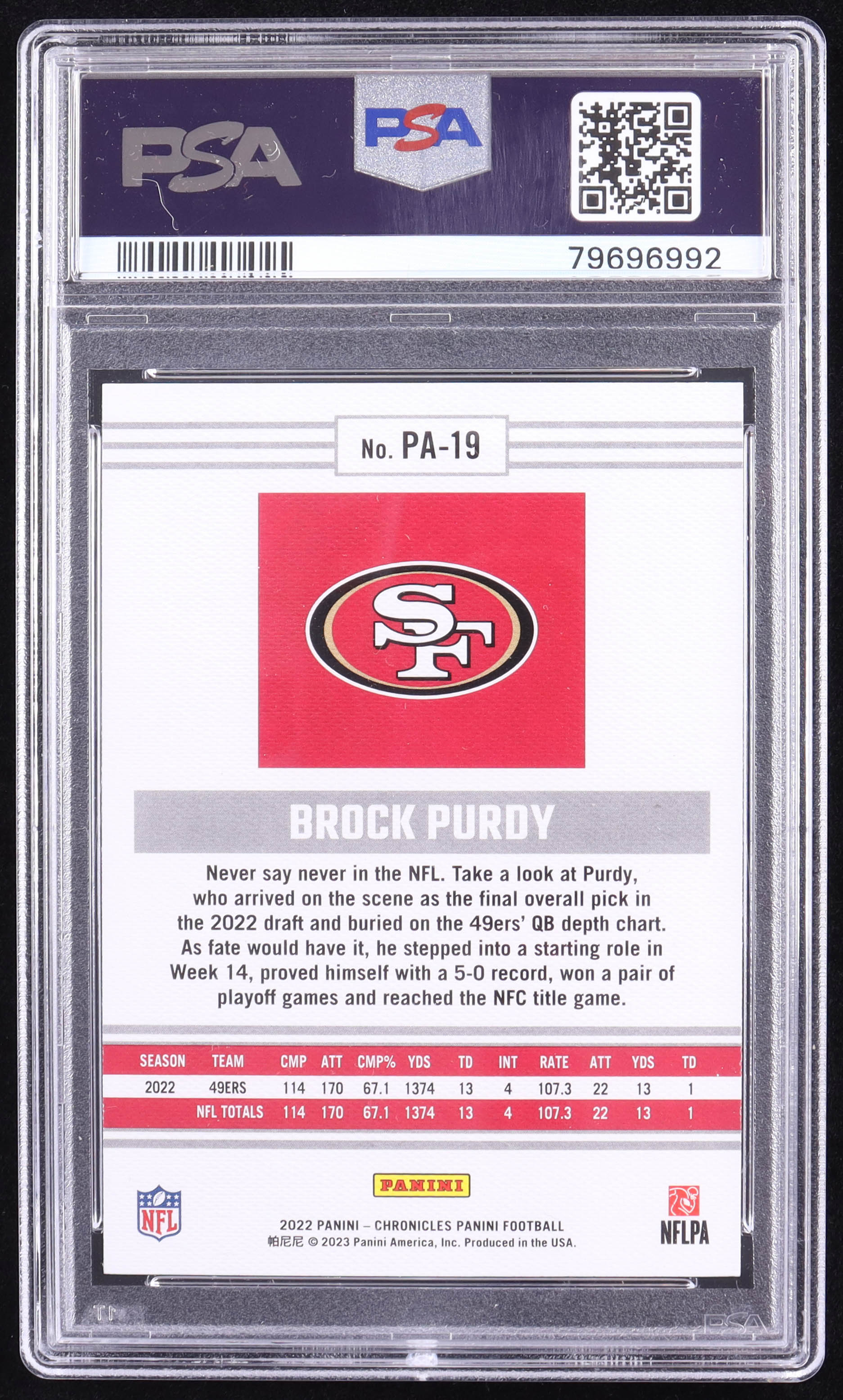 Brock Purdy 2022 Panini Chronicles Panini #19 RC (PSA 8) at PristineAuction.com Brock Purdy 2022 Panini Chronicles Panini #19 RC (PSA 8) at PristineAuction.com