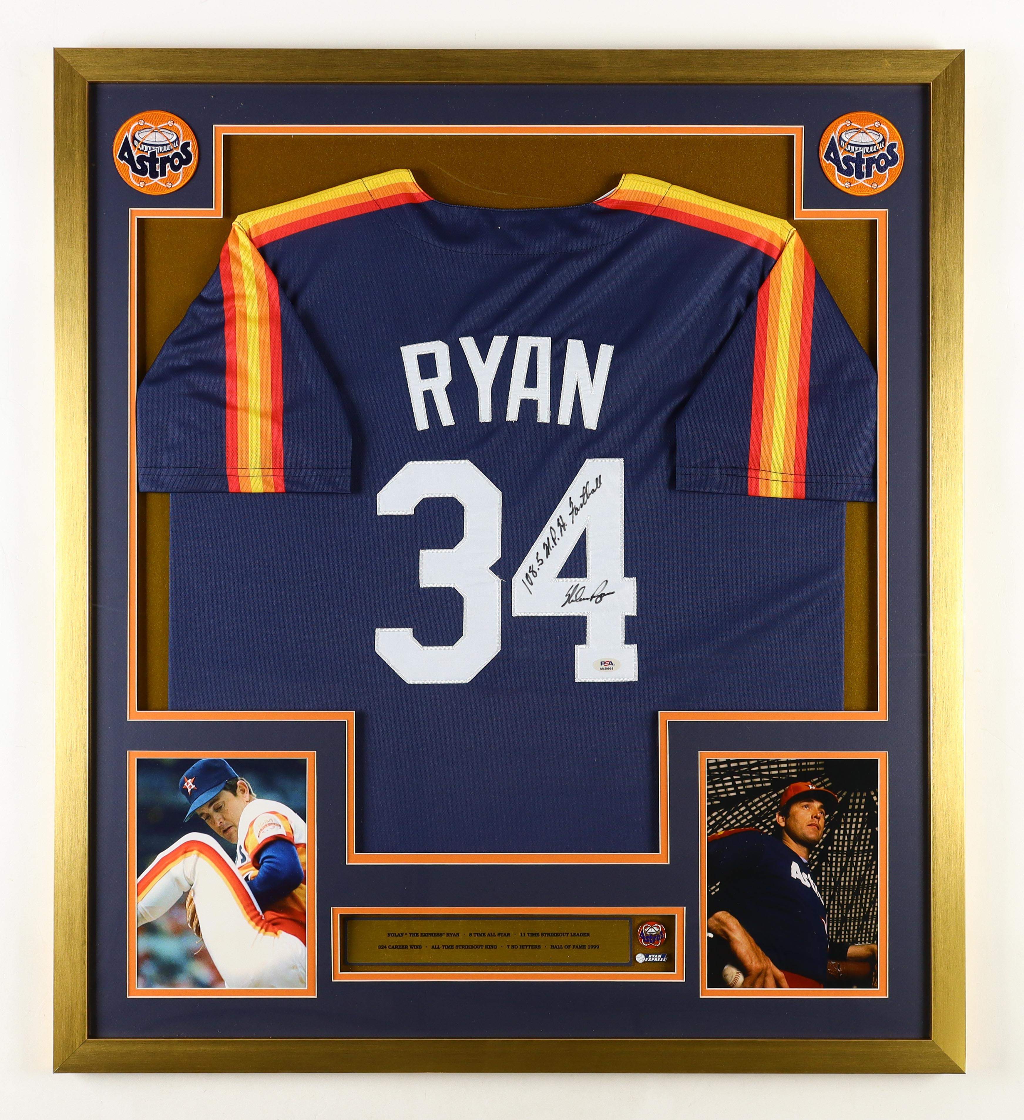 Nolan Ryan Signed Custom Framed Jersey Display Inscribed "108.5 MPH Fastball" with (2) Cloth Logo Patches, Astros Logo & Ryan Express Pins (PSA) at PristineAuction.com Nolan Ryan Signed Custom Framed Jersey Display Inscribed "108.5 MPH Fastball" with (2) Cloth Logo Patches, Astros Logo & Ryan Express Pins (PSA) at PristineAuction.com