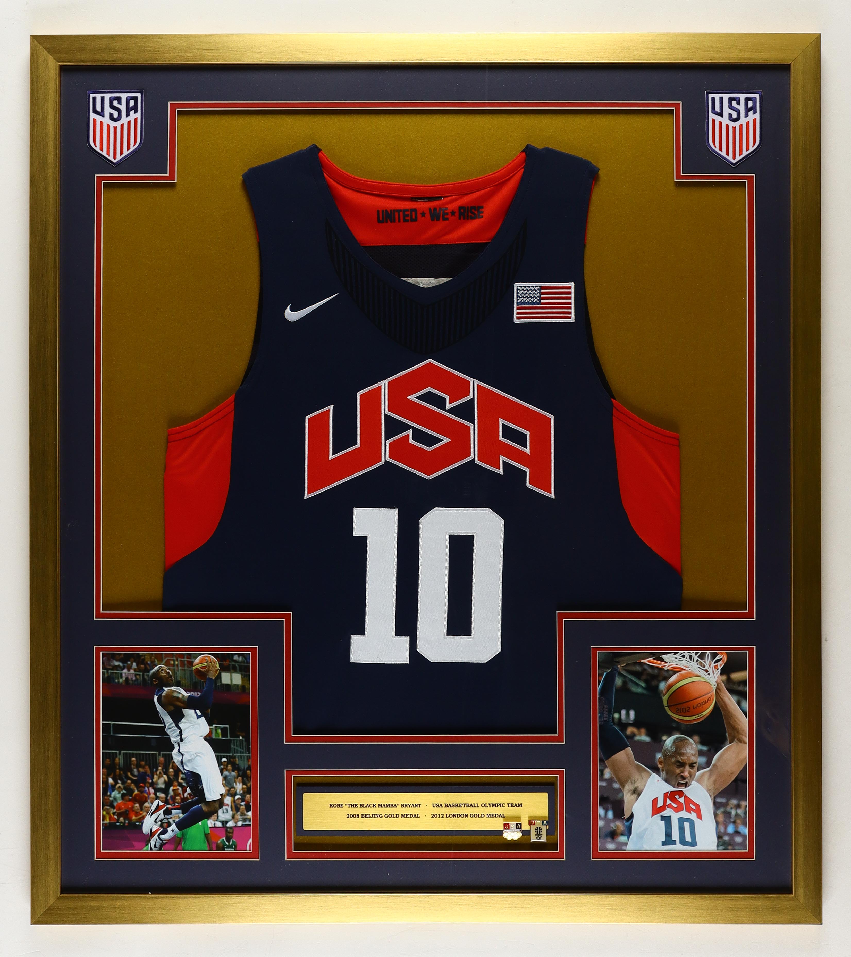 Kobe Bryant Custom Framed Team USA Nike Jersey Display with (2) Team USA Basketball Pins & (2) Cloth Logo Patches at PristineAuction.com Kobe Bryant Custom Framed Team USA Nike Jersey Display with (2) Team USA Basketball Pins & (2) Cloth Logo Patches at PristineAuction.com