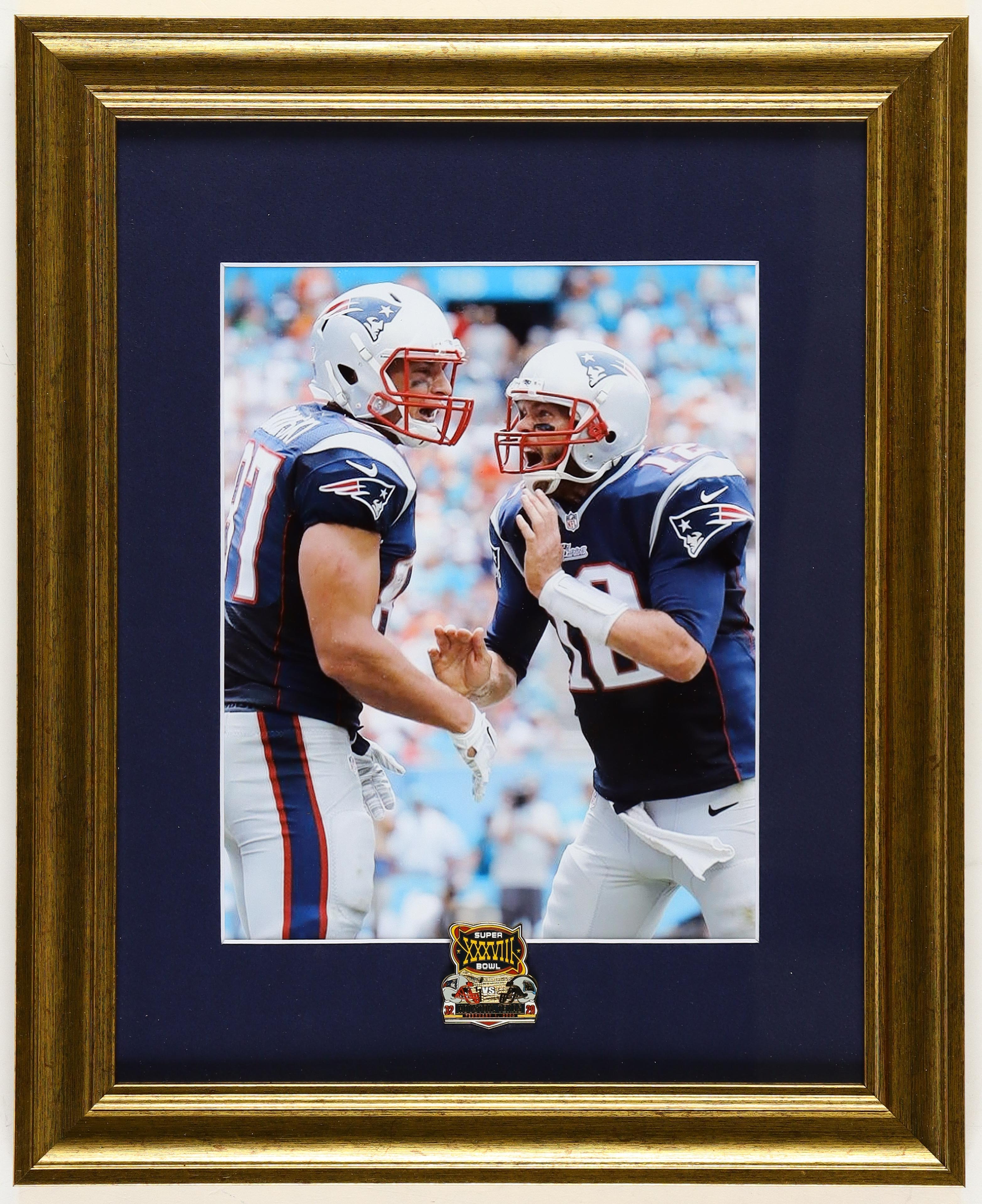 Tom Brady & Rob Gronkowski Buccaneers Custom Framed Photo with Official Super Bowl XXXVIII Pin at PristineAuction.com Tom Brady & Rob Gronkowski Buccaneers Custom Framed Photo with Official Super Bowl XXXVIII Pin at PristineAuction.com