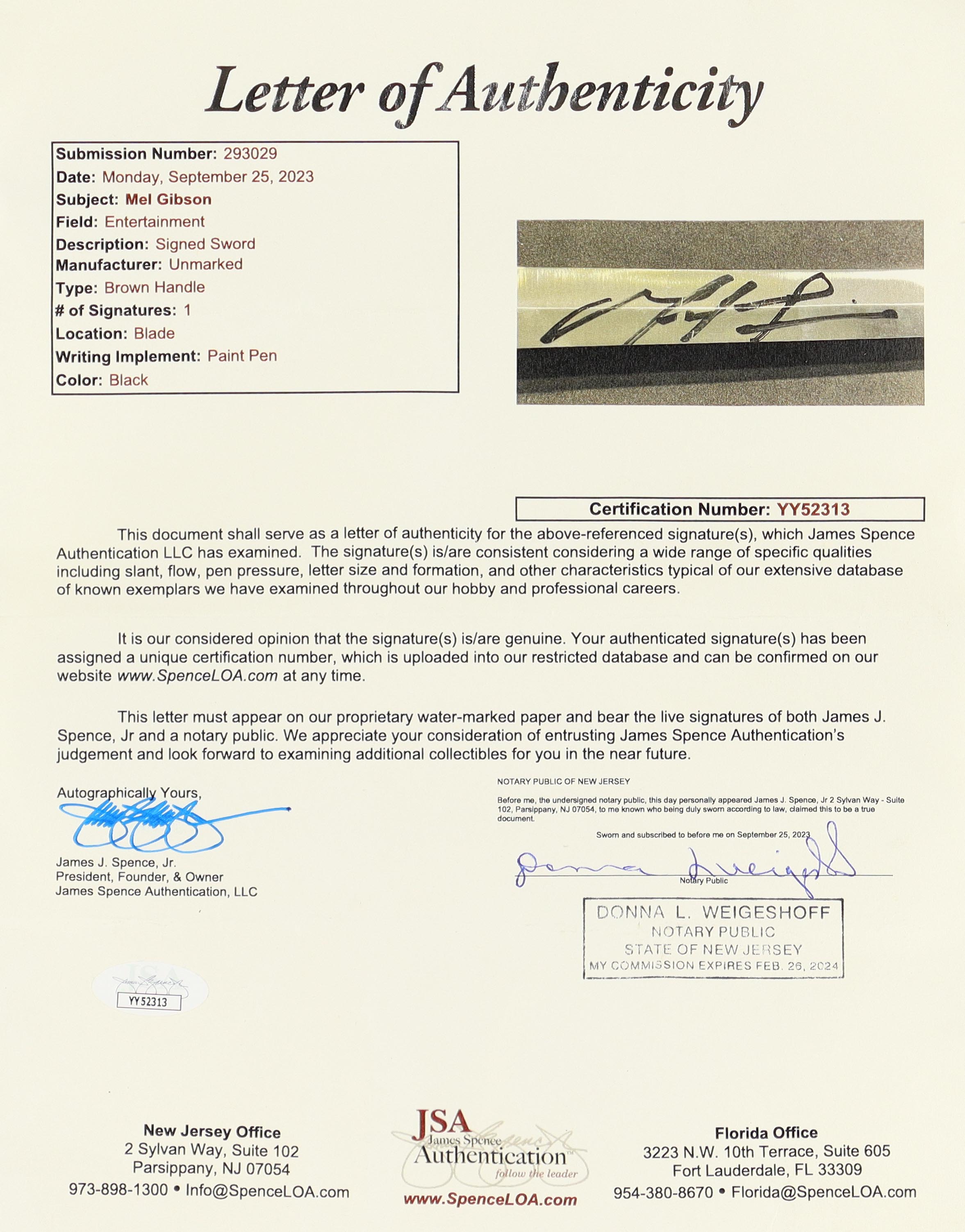 Mel Gibson Signed "Braveheart" Full-Size Prop Replica Sword (JSA) at PristineAuction.com Mel Gibson Signed "Braveheart" Full-Size Prop Replica Sword (JSA) at PristineAuction.com