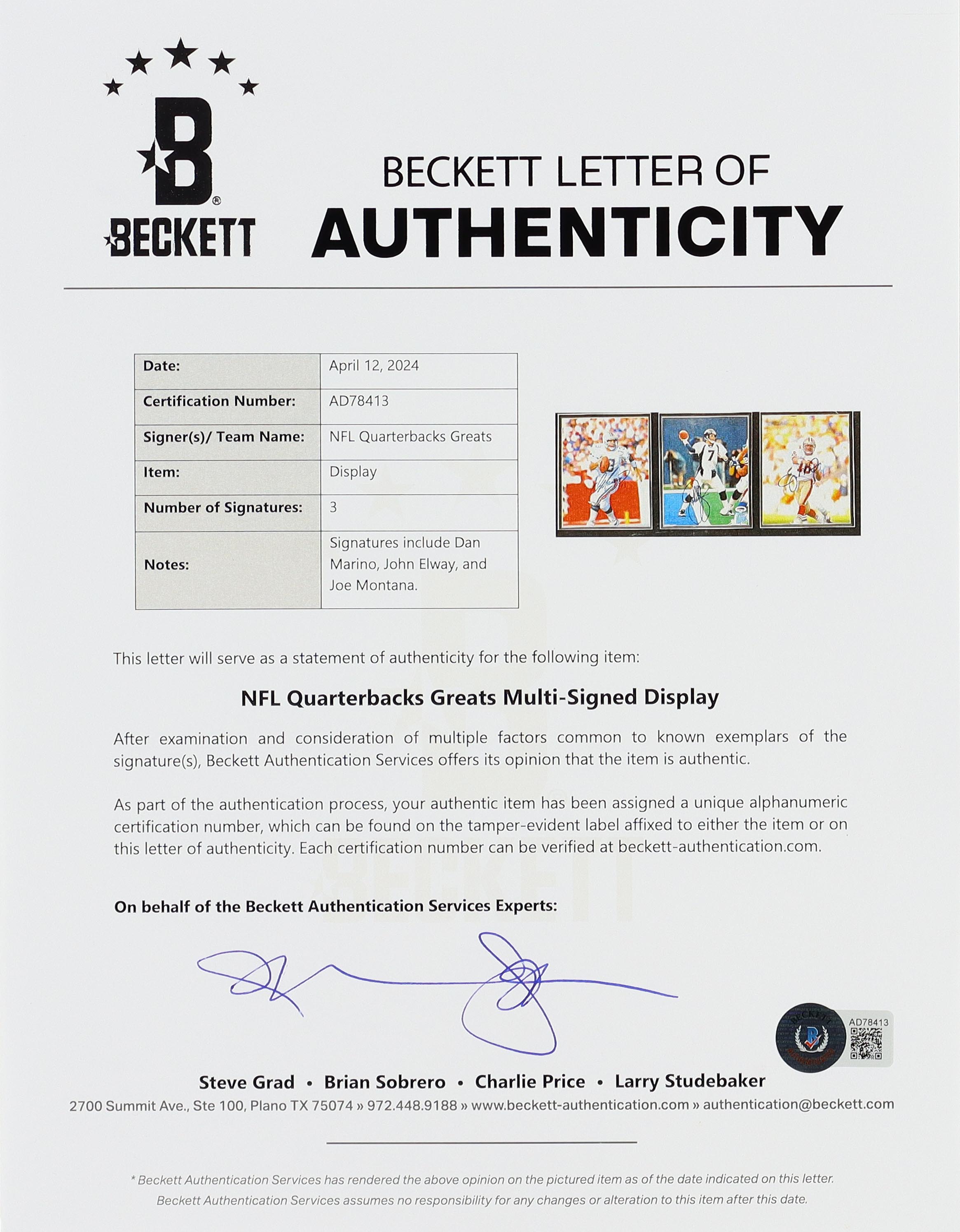 Dan Marino, John Elway & Joe Montana Signed Custom Framed Photo Display (Beckett) at PristineAuction.com Dan Marino, John Elway & Joe Montana Signed Custom Framed Photo Display (Beckett) at PristineAuction.com