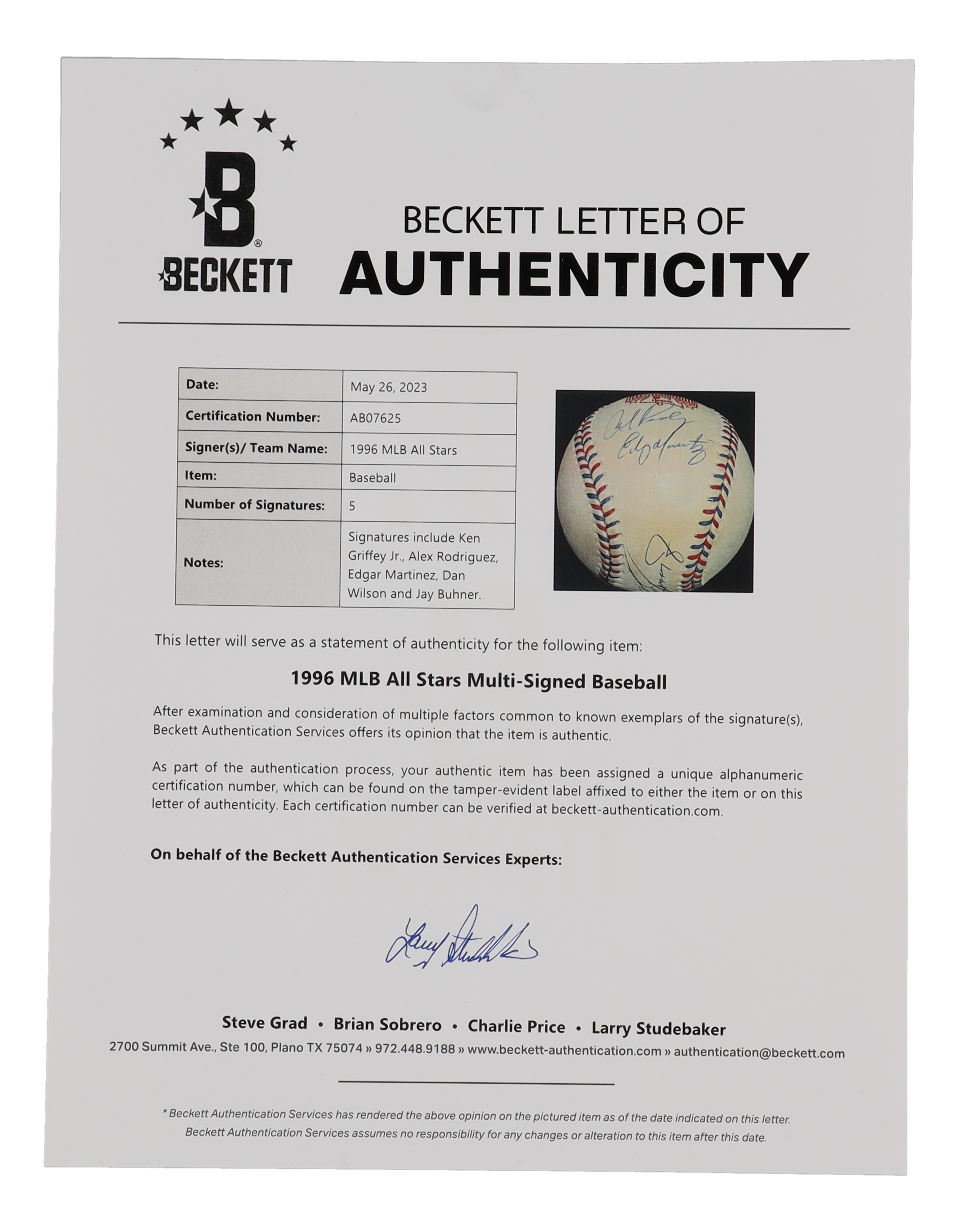 1996 Seattle Mariners All-Stars Baseball Signed by (5) with Ken Griffey Jr., Alex Rodriguez, Edgar Martinez, Dan Wilson (Beckett & PSA) at PristineAuction.com 1996 Seattle Mariners All-Stars Baseball Signed by (5) with Ken Griffey Jr., Alex Rodriguez, Edgar Martinez, Dan Wilson (Beckett & PSA) at PristineAuction.com
