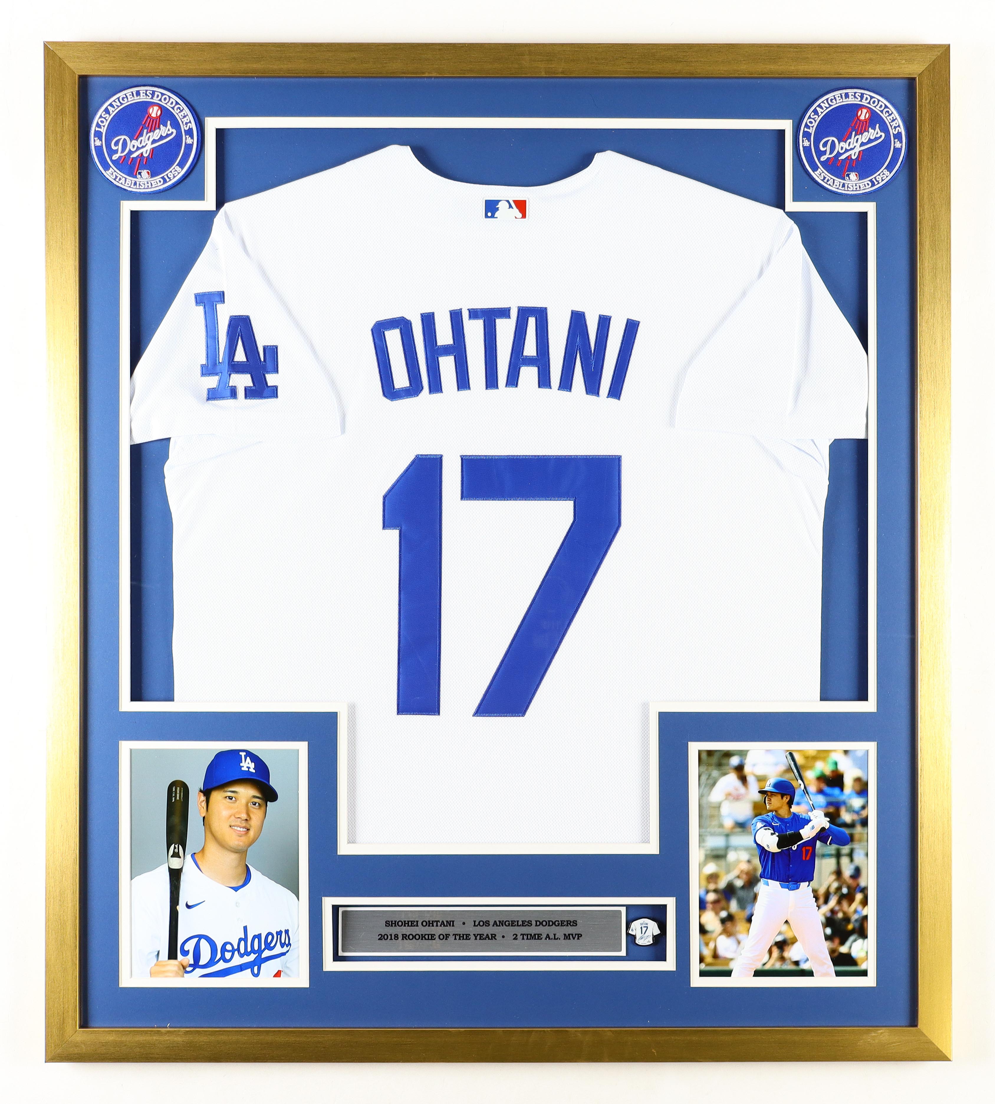 Shohei Ohtani Dodgers Custom Framed Jersey Display With Dodgers Ohtani Jersey Pin & (2) Cloth Logo Patches at PristineAuction.com Shohei Ohtani Dodgers Custom Framed Jersey Display With Dodgers Ohtani Jersey Pin & (2) Cloth Logo Patches at PristineAuction.com