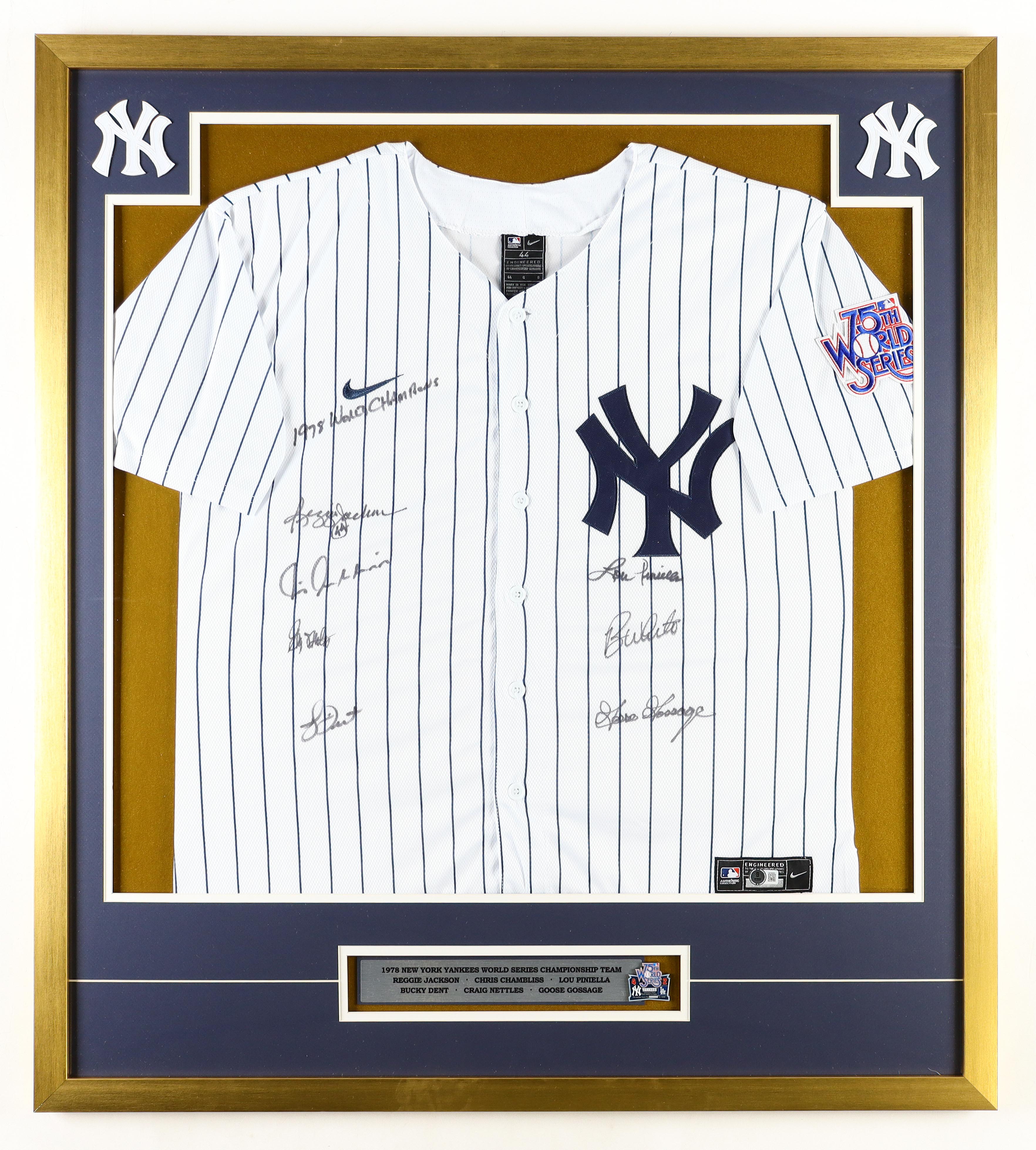 1978 Yankees Custom Framed Jersey Signed By (7) with Reggie Jackson, Goose Gossage, Bucky Dent with Original 1978 Vintage Championship Pin (Beckett) at PristineAuction.com 1978 Yankees Custom Framed Jersey Signed By (7) with Reggie Jackson, Goose Gossage, Bucky Dent with Original 1978 Vintage Championship Pin (Beckett) at PristineAuction.com