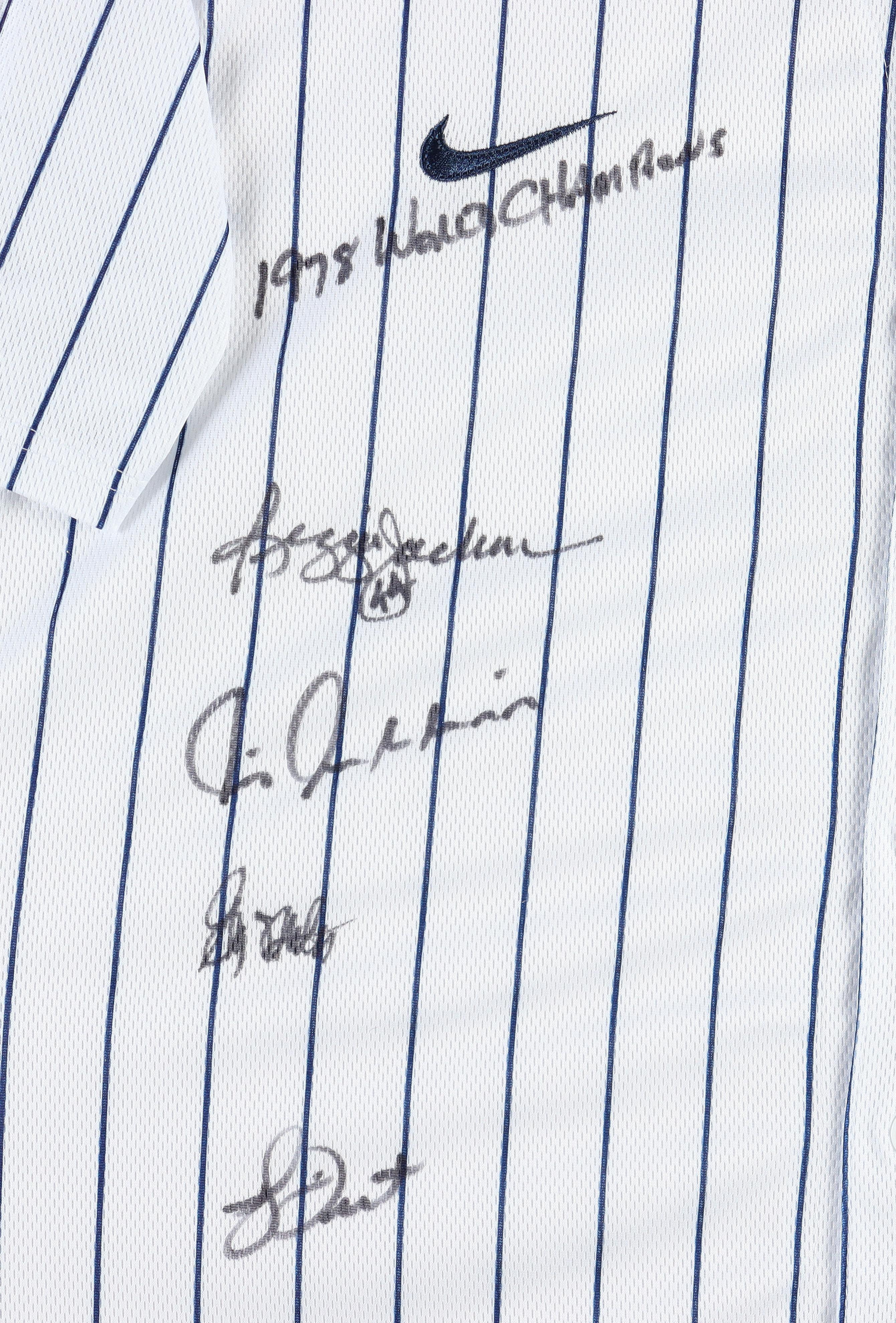 1978 Yankees Custom Framed Jersey Signed By (7) with Reggie Jackson, Goose Gossage, Bucky Dent with Original 1978 Vintage Championship Pin (Beckett) at PristineAuction.com 1978 Yankees Custom Framed Jersey Signed By (7) with Reggie Jackson, Goose Gossage, Bucky Dent with Original 1978 Vintage Championship Pin (Beckett) at PristineAuction.com