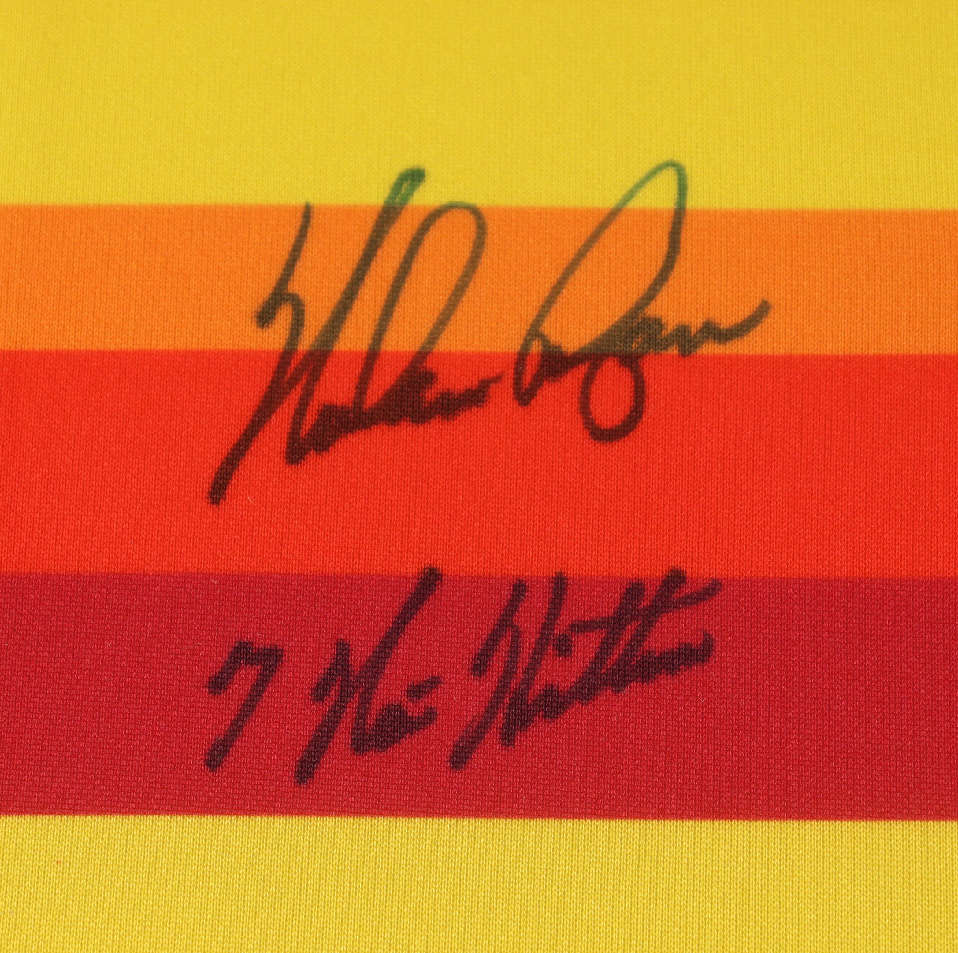 Nolan Ryan Signed Custom Framed Nike Jersey Display Inscribed "7 No Hitters" with (2) Cloth Logo Patches & Player 6th Hitter Pin (PSA) at PristineAuction.com Nolan Ryan Signed Custom Framed Nike Jersey Display Inscribed "7 No Hitters" with (2) Cloth Logo Patches & Player 6th Hitter Pin (PSA) at PristineAuction.com