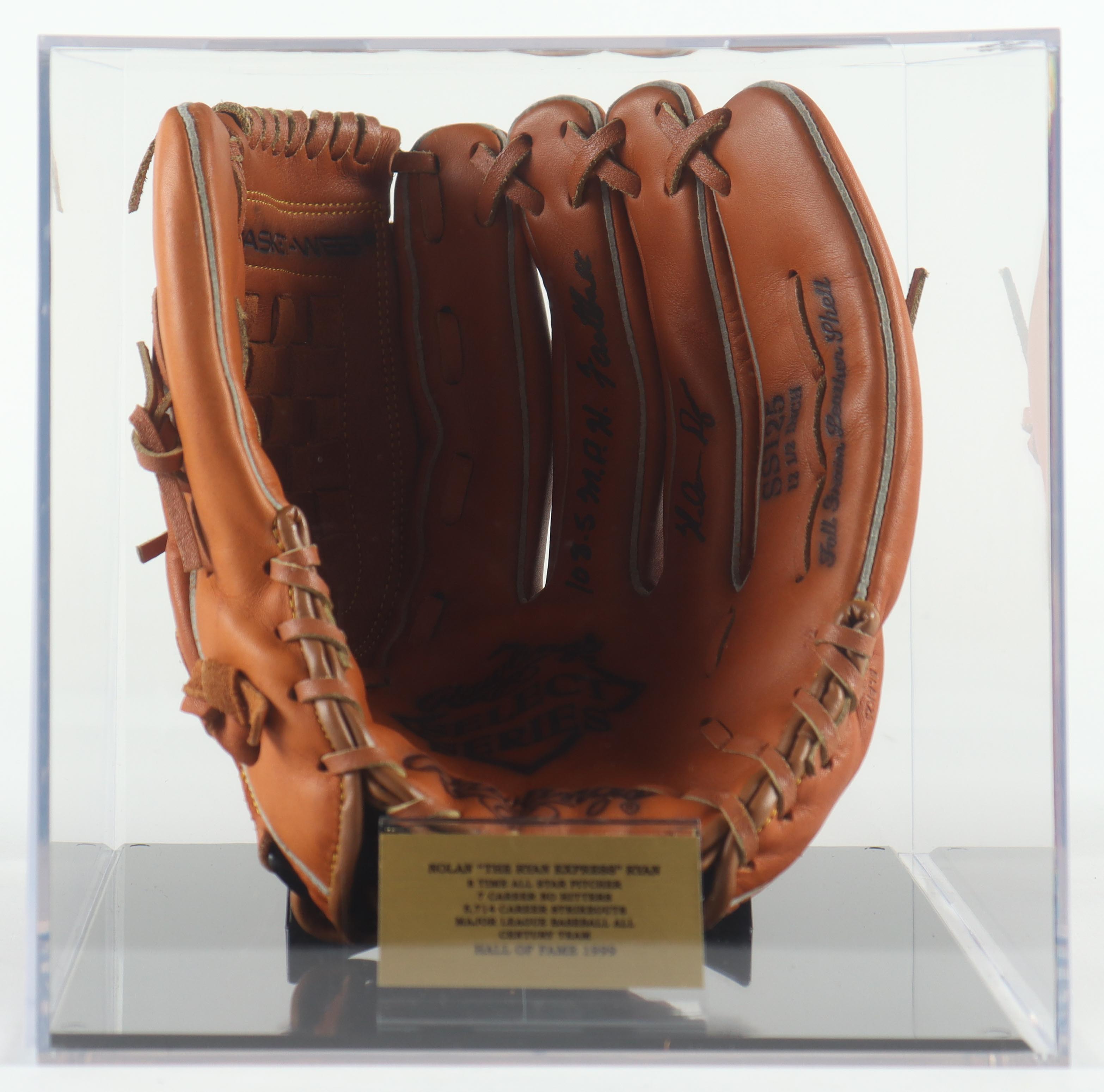 Nolan Ryan Signed Vintage Rawlings Nolan Ryan Model Baseball Glove Inscribed "108.5 M.P.H. Fastball" With Display Case (PSA) at PristineAuction.com Nolan Ryan Signed Vintage Rawlings Nolan Ryan Model Baseball Glove Inscribed "108.5 M.P.H. Fastball" With Display Case (PSA) at PristineAuction.com