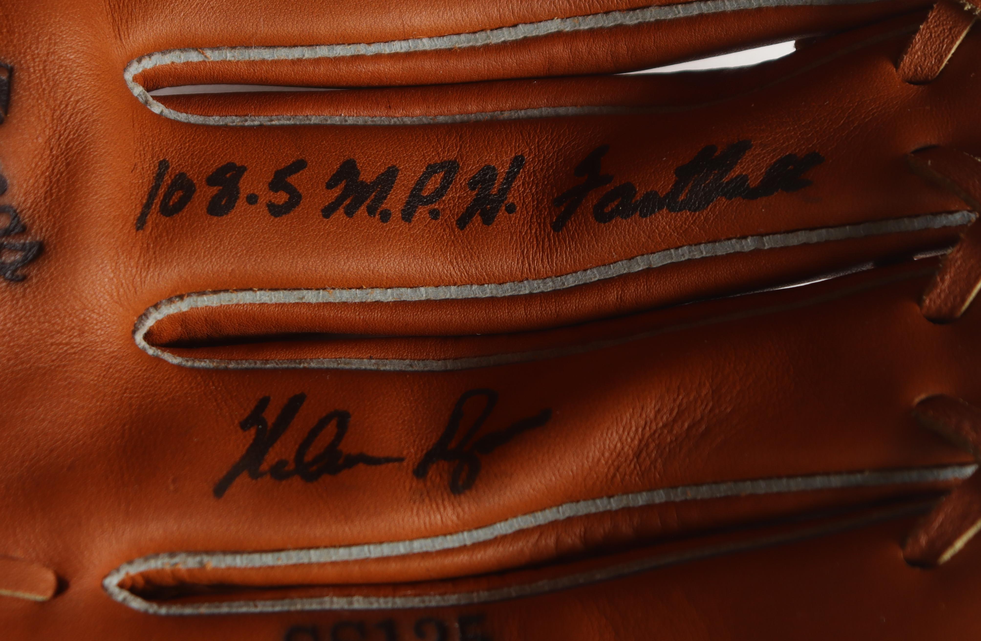 Nolan Ryan Signed Vintage Rawlings Nolan Ryan Model Baseball Glove Inscribed "108.5 M.P.H. Fastball" With Display Case (PSA) at PristineAuction.com Nolan Ryan Signed Vintage Rawlings Nolan Ryan Model Baseball Glove Inscribed "108.5 M.P.H. Fastball" With Display Case (PSA) at PristineAuction.com