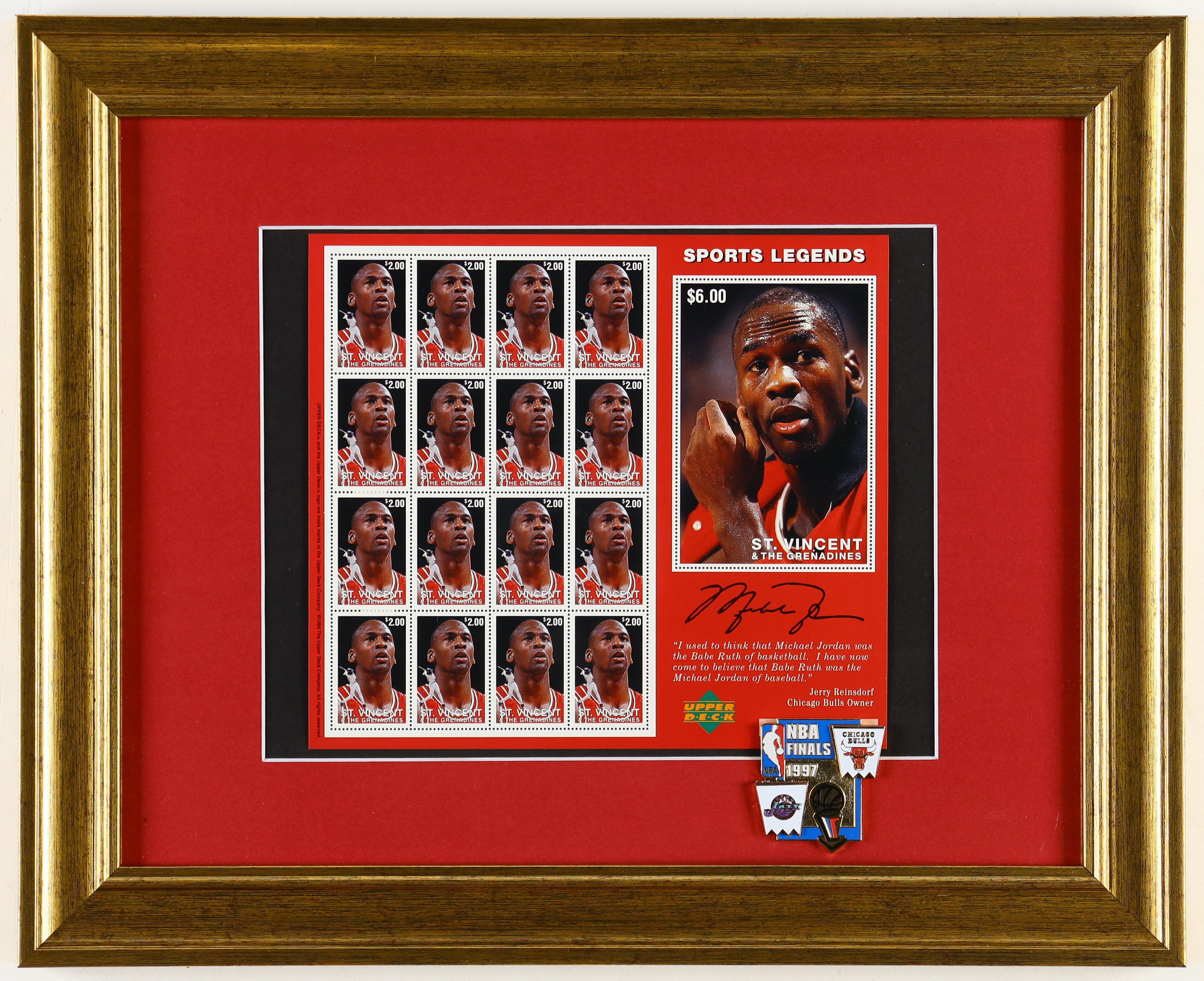 Michael Jordan Bulls Uncut Postage Stamp Sheet Custom Framed Display With Official 1997 NBA Finals Bulls Emblem at PristineAuction.com Michael Jordan Bulls Uncut Postage Stamp Sheet Custom Framed Display With Official 1997 NBA Finals Bulls Emblem at PristineAuction.com