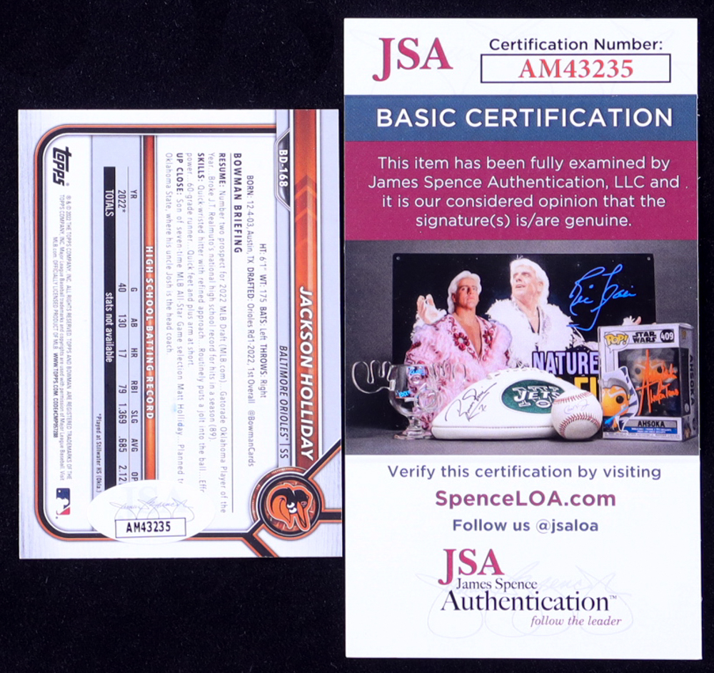 Jackson Holliday Signed 2022 Bowman Draft #BD168 RC (JSA) at PristineAuction.com Jackson Holliday Signed 2022 Bowman Draft #BD168 RC (JSA) at PristineAuction.com