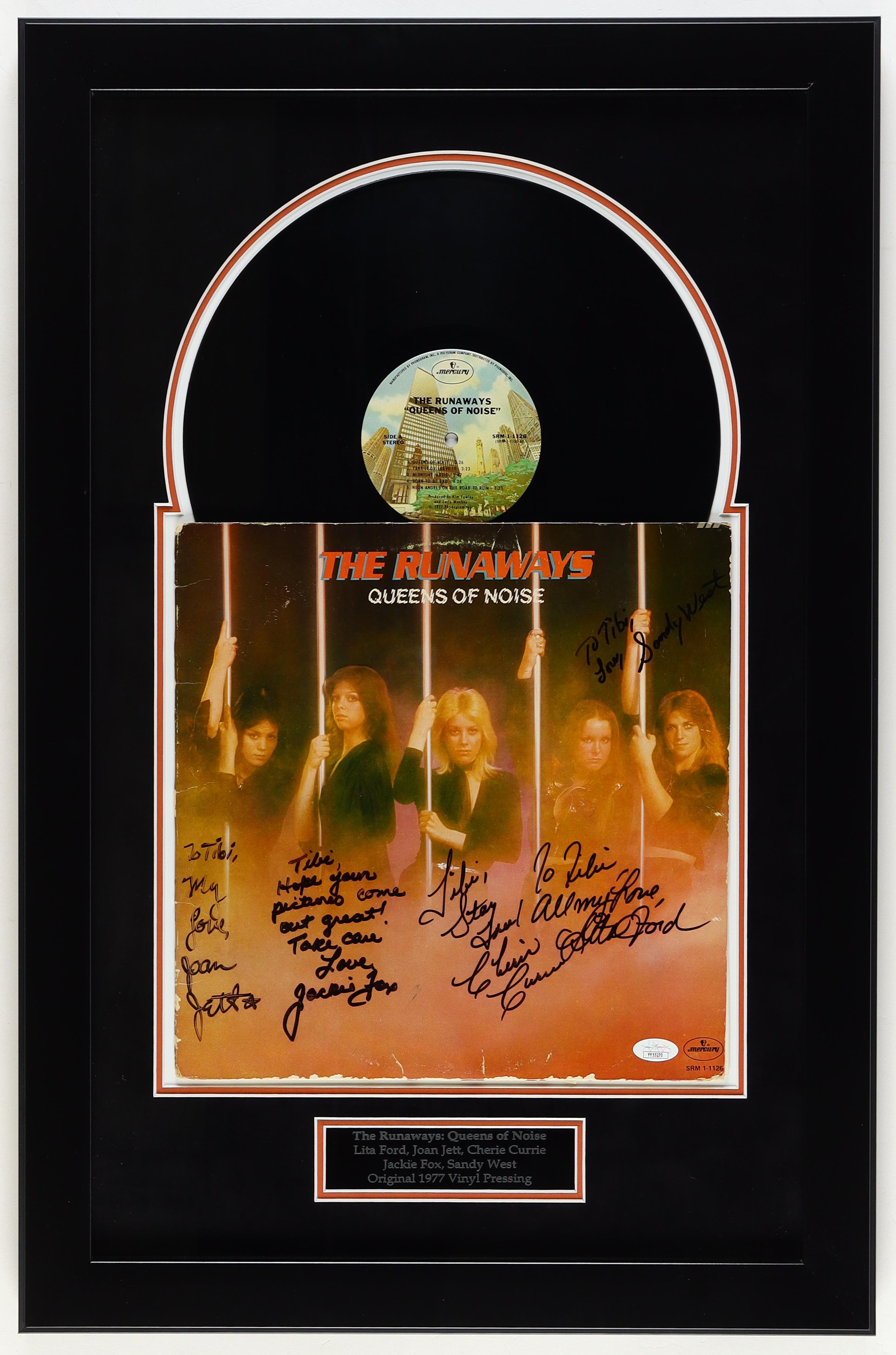 The Runaways "Queens of Noise" Custom Framed Vinyl Record Album Display Signed & Inscribed By (5) with Joann Jett, Lita Ford, Cherie Curry, Jackie Fox & Sandy West (JSA) at PristineAuction.com The Runaways "Queens of Noise" Custom Framed Vinyl Record Album Display Signed & Inscribed By (5) with Joann Jett, Lita Ford, Cherie Curry, Jackie Fox & Sandy West (JSA) at PristineAuction.com