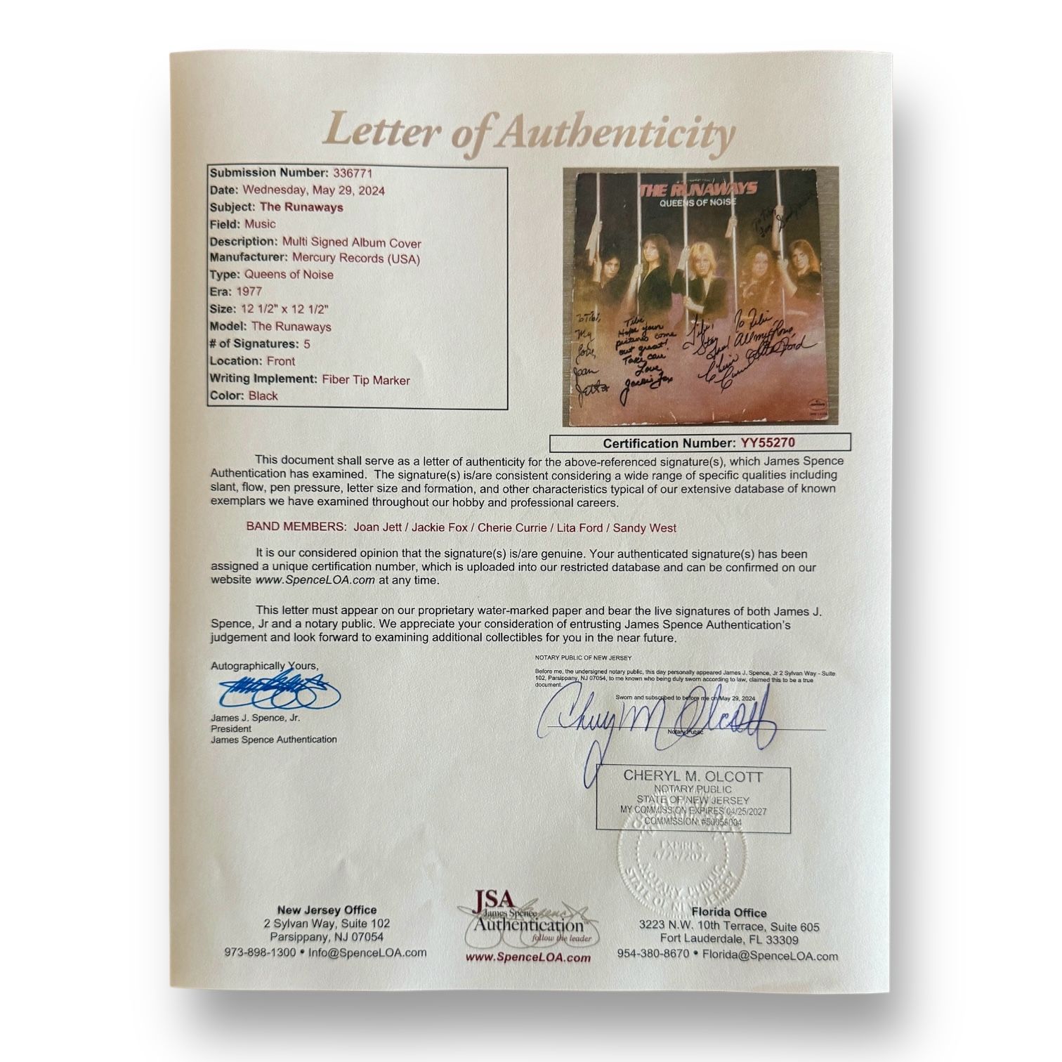 The Runaways "Queens of Noise" Custom Framed Vinyl Record Album Display Signed & Inscribed By (5) with Joann Jett, Lita Ford, Cherie Curry, Jackie Fox & Sandy West (JSA) at PristineAuction.com The Runaways "Queens of Noise" Custom Framed Vinyl Record Album Display Signed & Inscribed By (5) with Joann Jett, Lita Ford, Cherie Curry, Jackie Fox & Sandy West (JSA) at PristineAuction.com