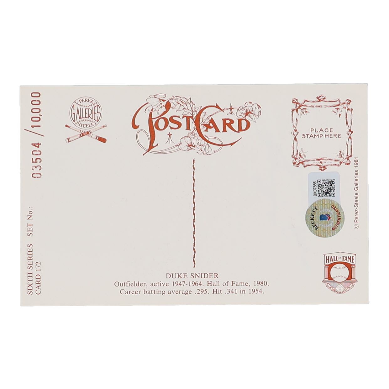 Duke Snider Signed Dodgers LE Perez Steele Galleries Hall of Fame Postcard (Beckett) at PristineAuction.com Duke Snider Signed Dodgers LE Perez Steele Galleries Hall of Fame Postcard (Beckett) at PristineAuction.com