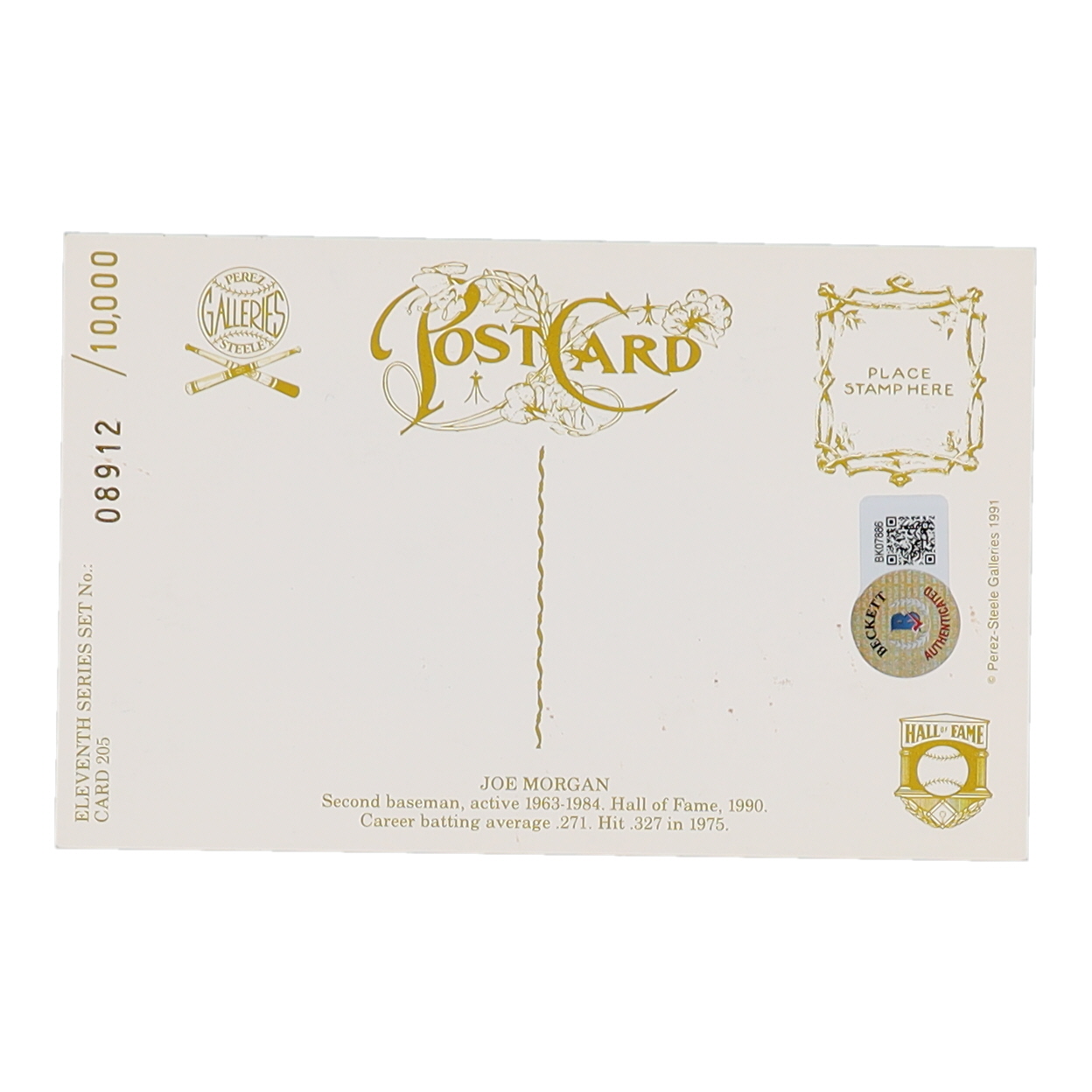 Joe Morgan Signed Reds LE Perez Steele Galleries Hall of Fame Postcard (Beckett) at PristineAuction.com Joe Morgan Signed Reds LE Perez Steele Galleries Hall of Fame Postcard (Beckett) at PristineAuction.com