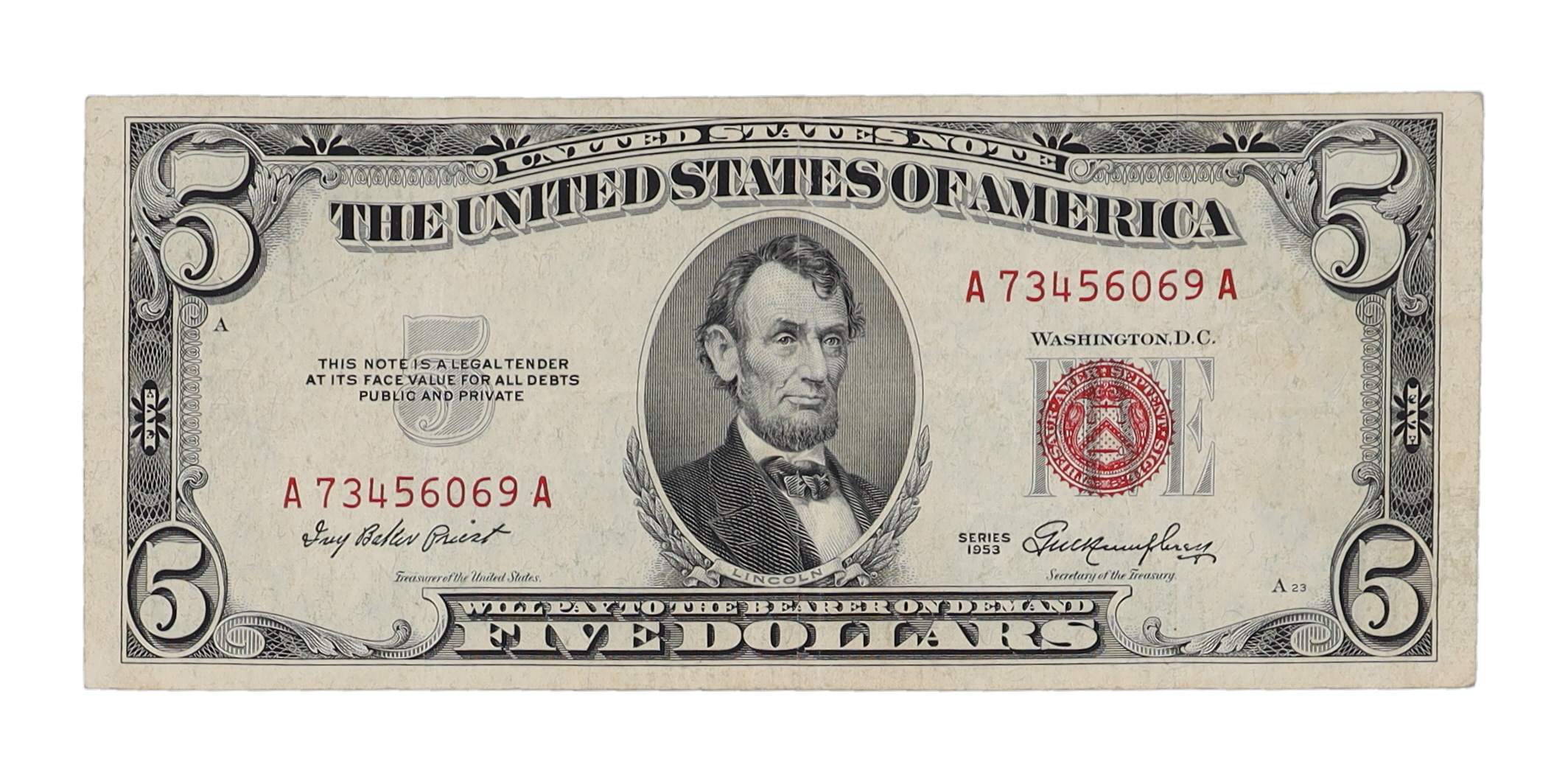 1953 U.S. $5 Legal Tender Note - Red Seal (AA Block) | Pristine Auction