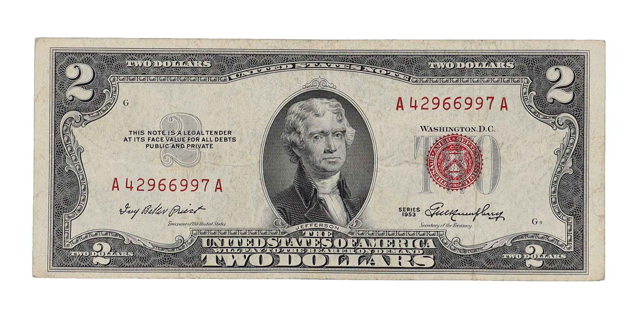 1953 U.S. $2 Legal Tender Note - Red Seal (AA Block) | Pristine Auction