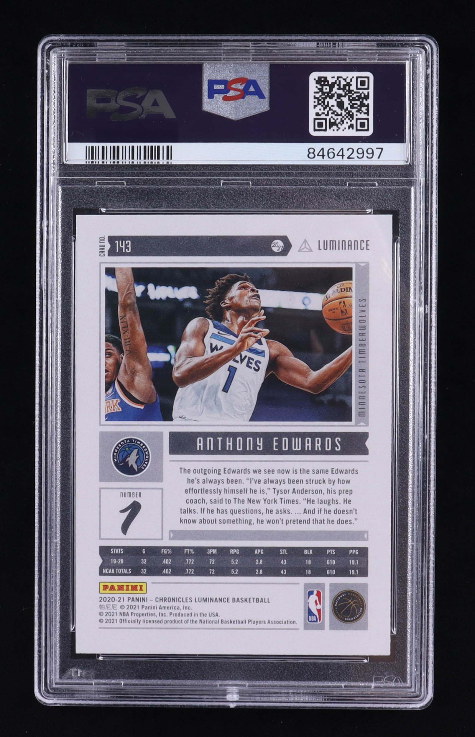 Anthony Edwards 2020-21 Panini Chronicles #143 Luminance RC (PSA 