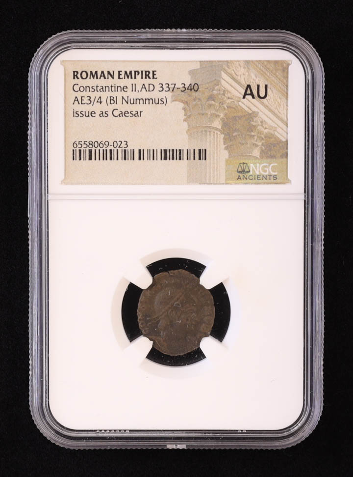 Roman Empire - Constantine II, AD 337-340, AE3/4 (BI Nummus), Issue as Caesar (NGC Almost Uncirculated) at PristineAuction.com Roman Empire - Constantine II, AD 337-340, AE3/4 (BI Nummus), Issue as Caesar (NGC Almost Uncirculated) at PristineAuction.com