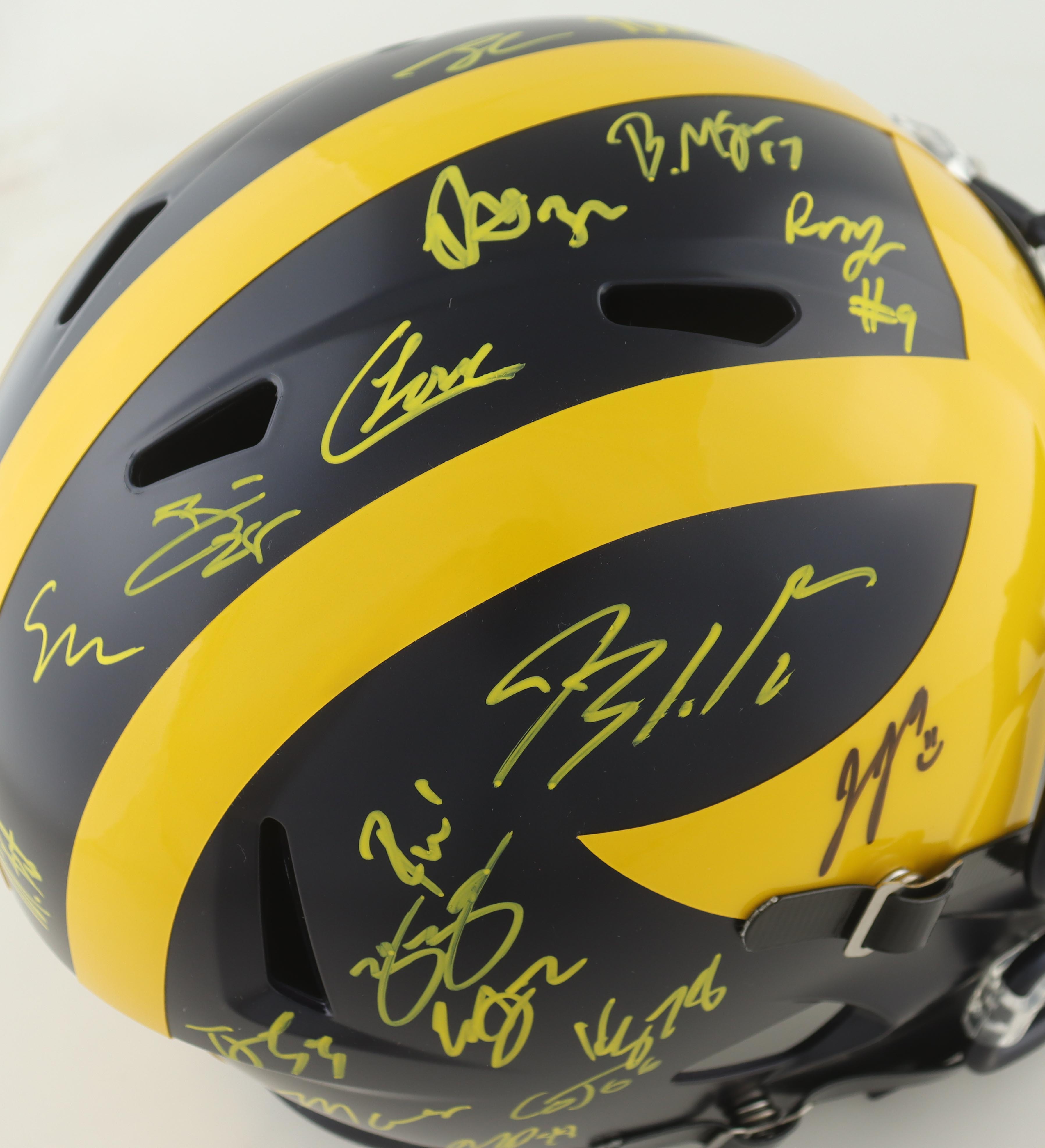 2023 Michigan Wolverines Full-Size Speed Helmet Team-Signed by (19) with J.J. McCarthy, Blake Corum, Roman Wilson, Colston Loveland (Beckett) at PristineAuction.com 2023 Michigan Wolverines Full-Size Speed Helmet Team-Signed by (19) with J.J. McCarthy, Blake Corum, Roman Wilson, Colston Loveland (Beckett) at PristineAuction.com
