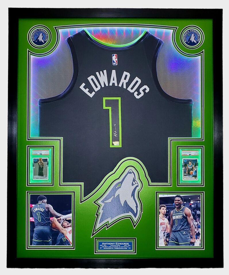 Anthony Edwards Signed Timberwolves Custom Framed LED Backlit Nike Jersey Display & (2) PSA 10 Graded Rookie Cards (Fanatics) at PristineAuction.com Anthony Edwards Signed Timberwolves Custom Framed LED Backlit Nike Jersey Display & (2) PSA 10 Graded Rookie Cards (Fanatics) at PristineAuction.com